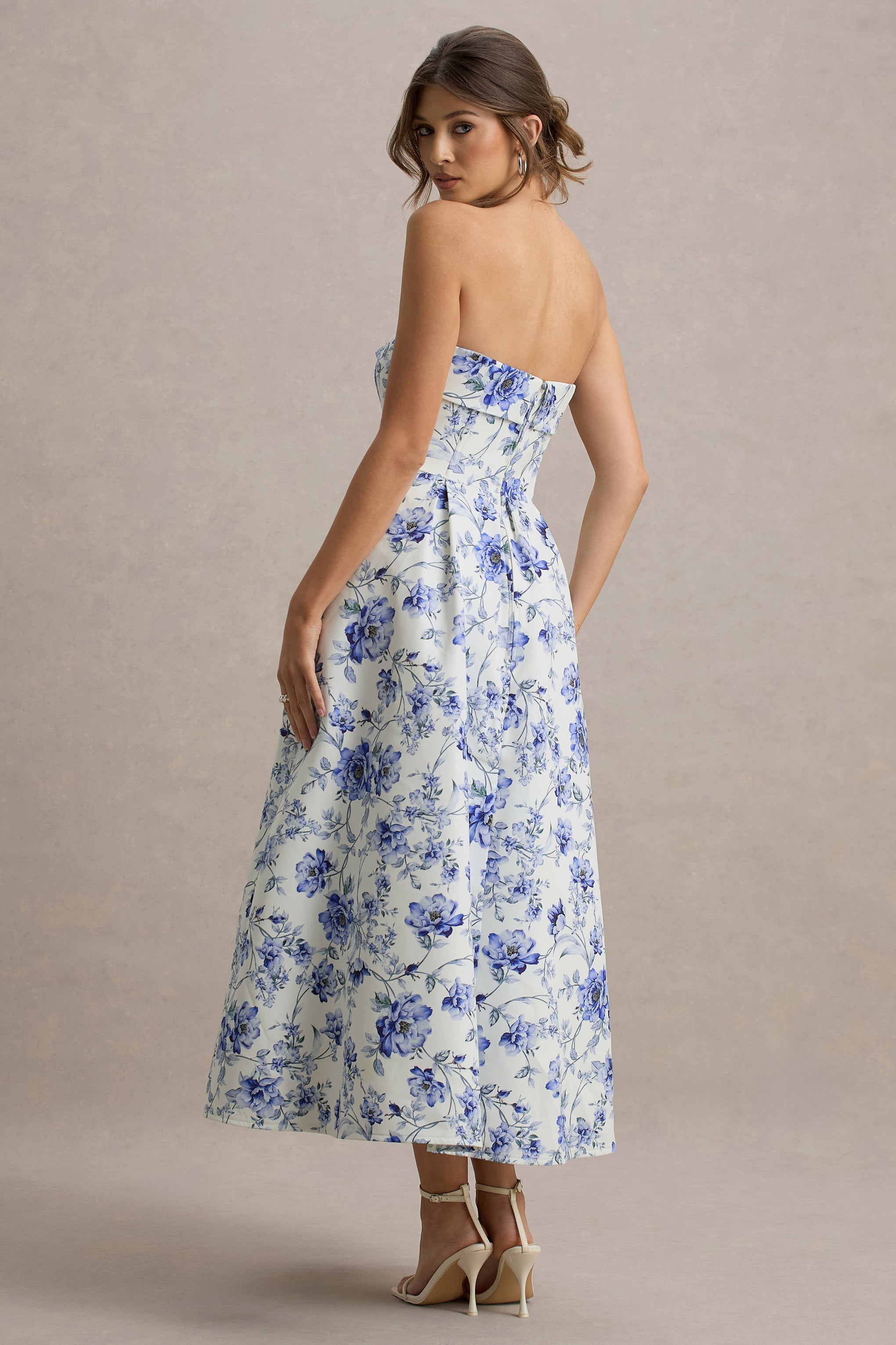 Annalise | Mavi Porselen Desenli Bandeau Midi Elbise