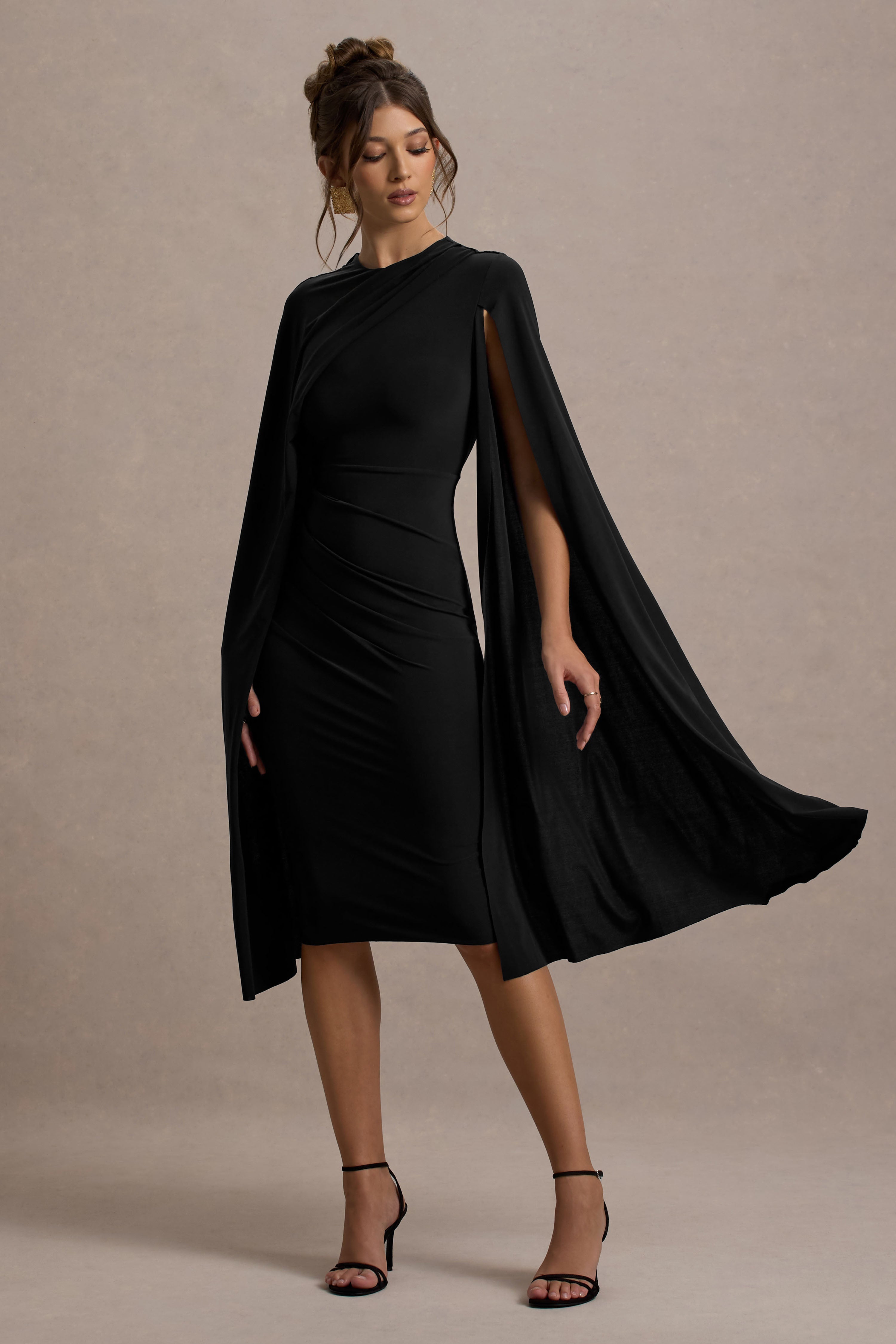 Marysol | Siyah Asimetrik Kloş Midi Elbise