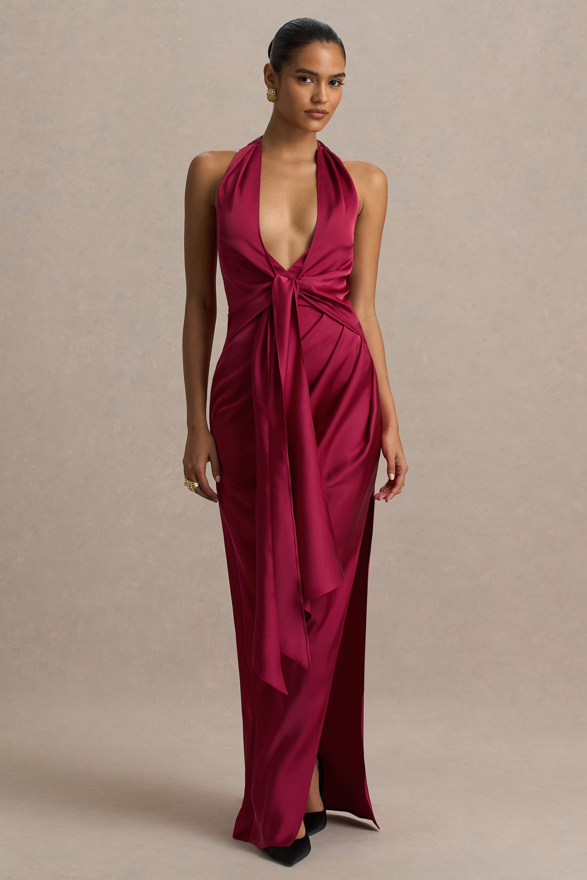 Lynette | Bordo Saten Derin Yaka Asimetrik Maxi Elbise