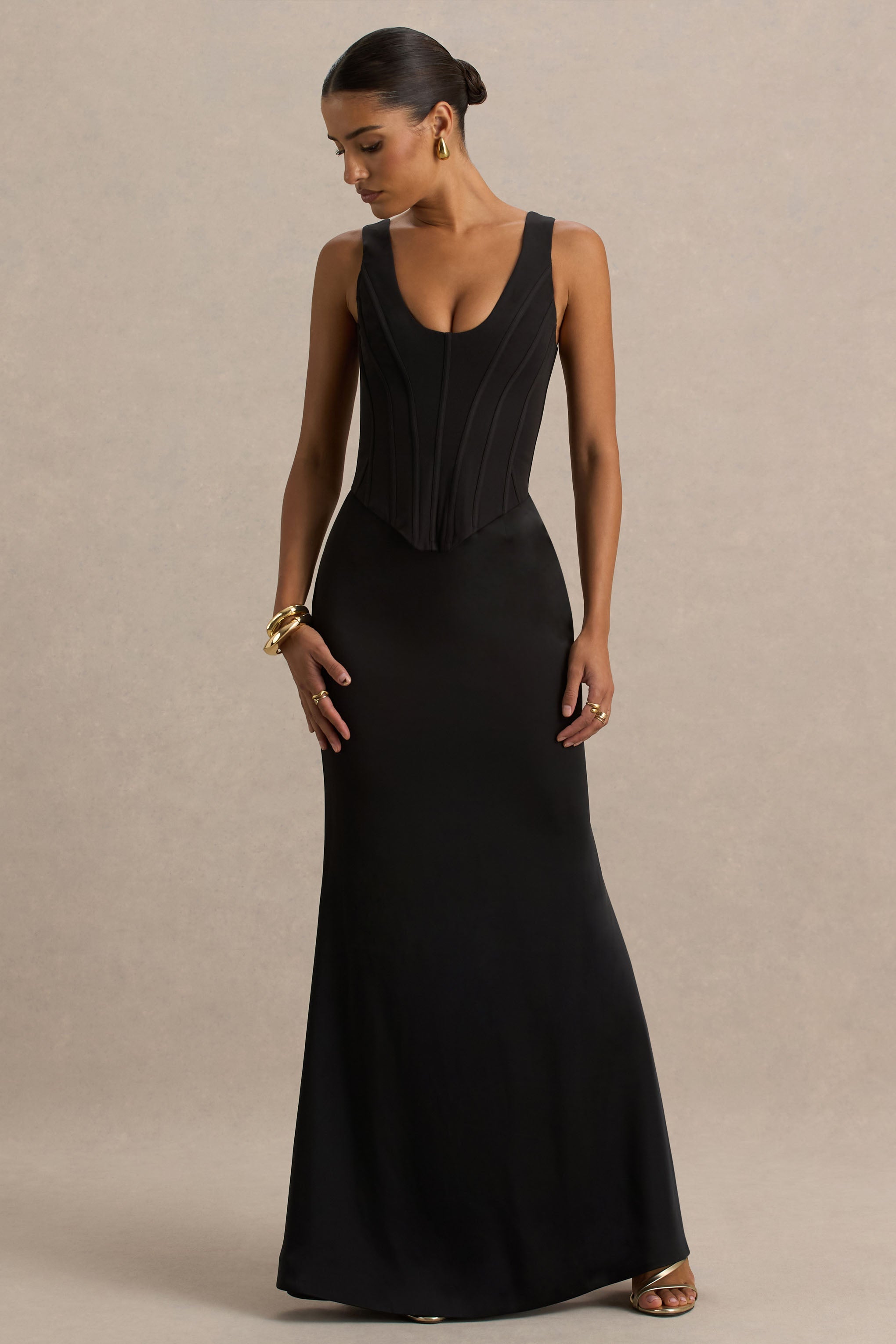 Morgan | Siyah Saten Korse Maxi Elbise