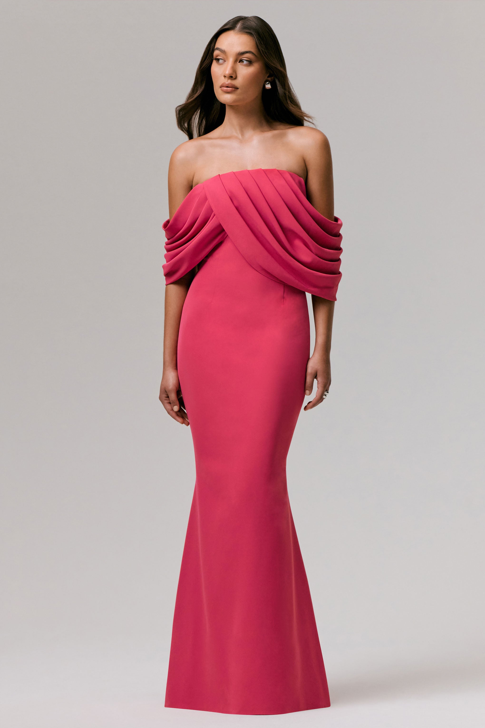 Serene | Sıcak Pembe Drapeli Bardot Maxi Elbise
