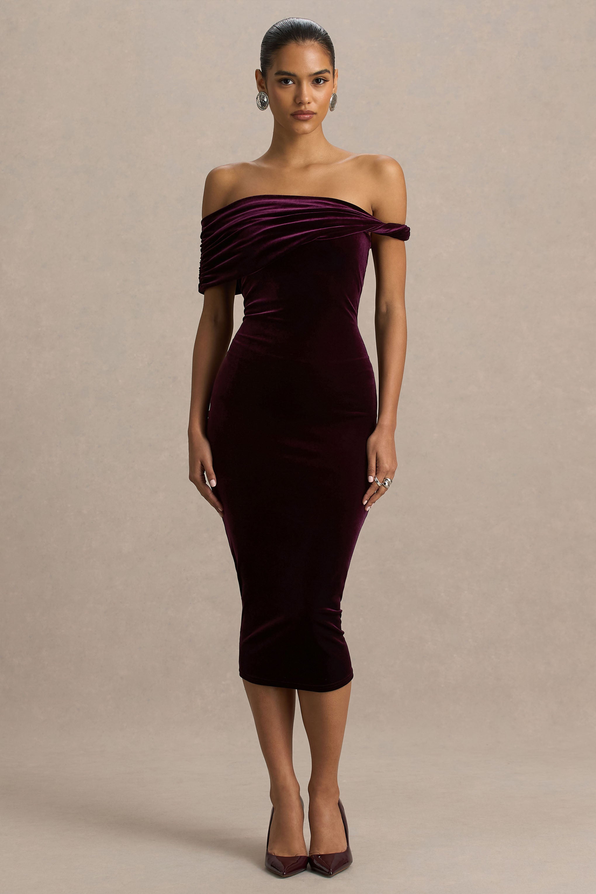 Billie | Bordo Kadife Bardot Yaka Midi Elbise Twist Kolu ile
