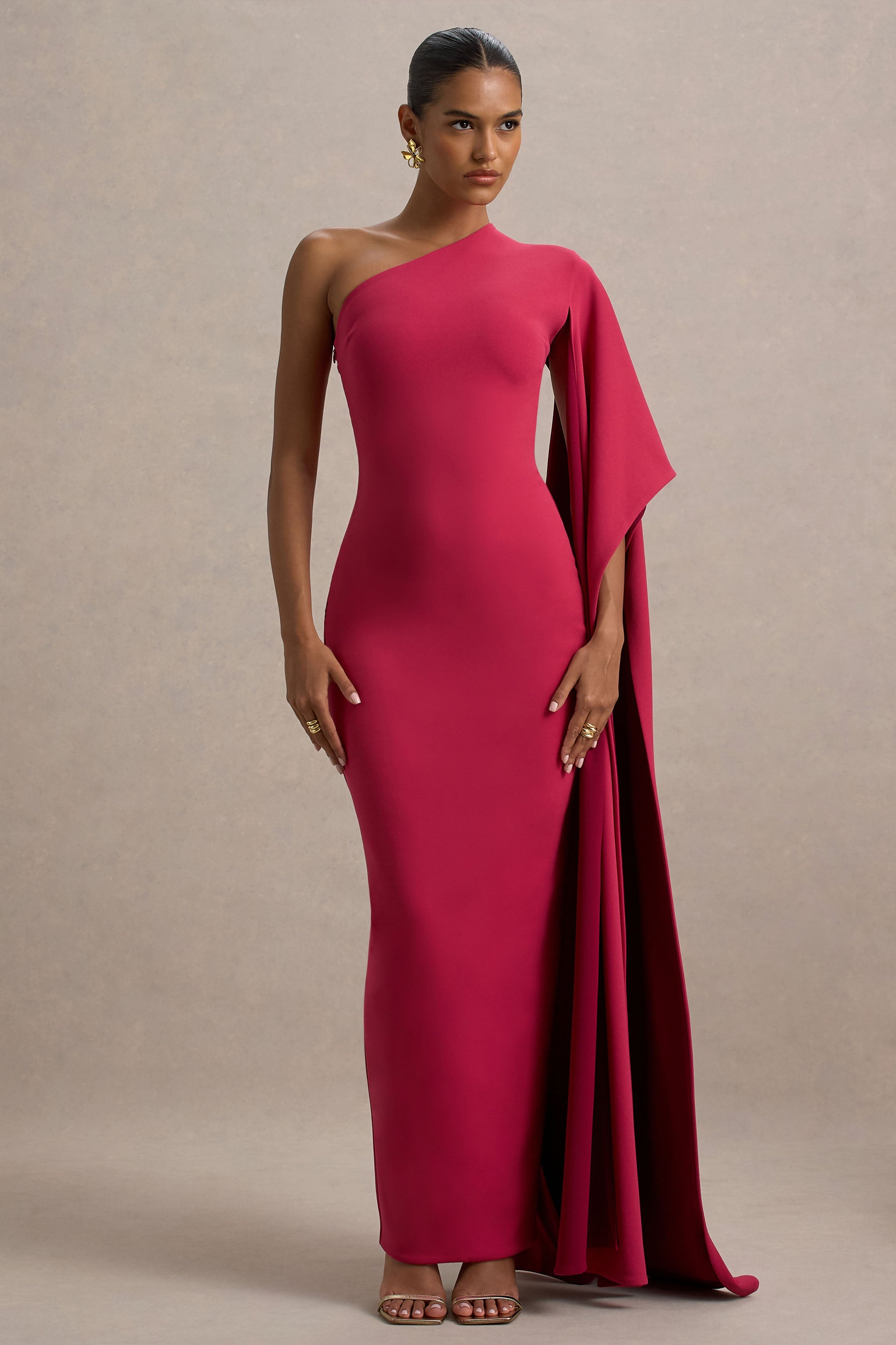 Lily | Hot Pembe ve Bordo Asimetrik Maxi Elbise, Pelerin Kollu