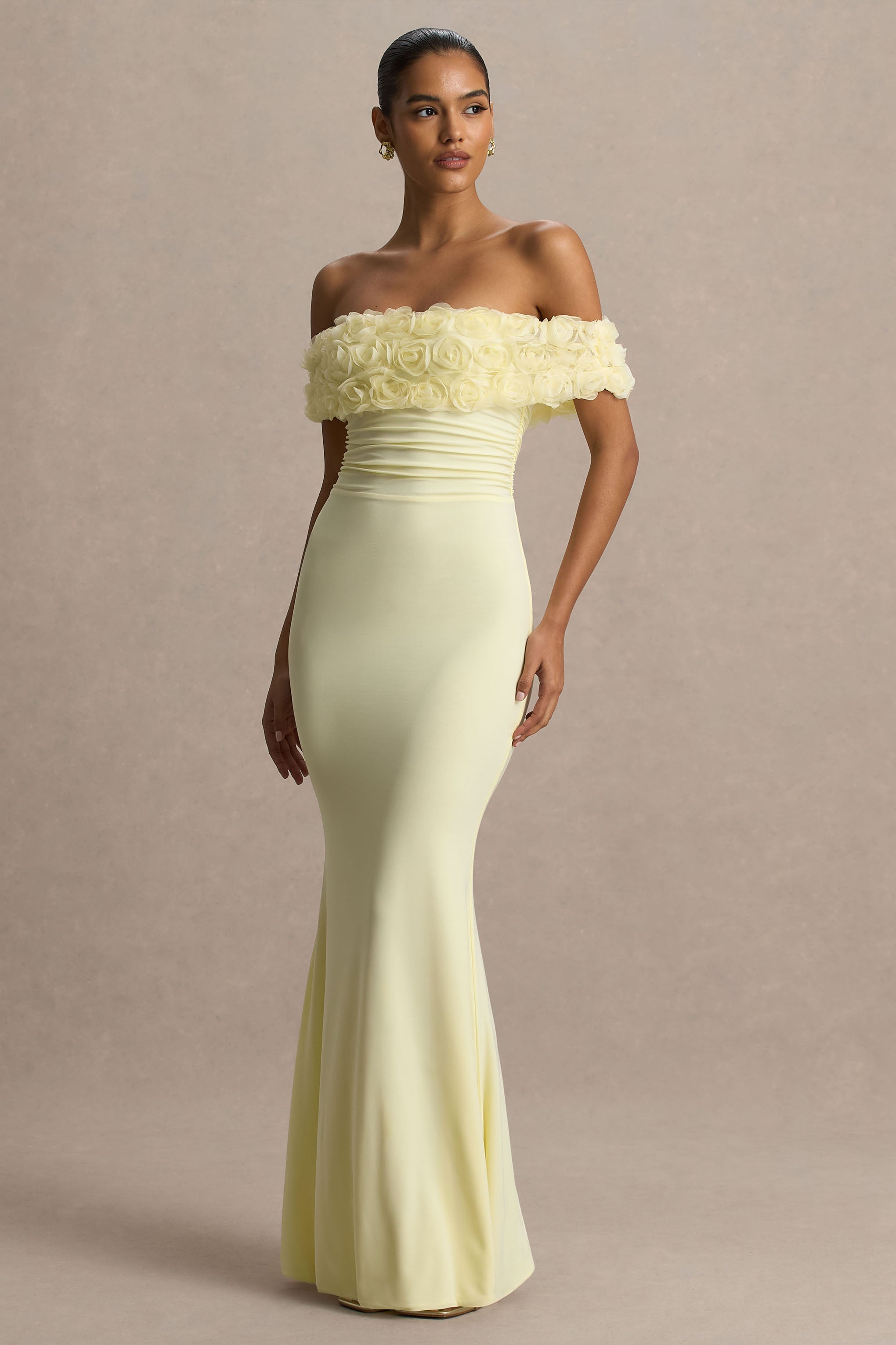 Pastille | Şifon Detaylı Limon Çiçekli Bardot Maxi Elbise