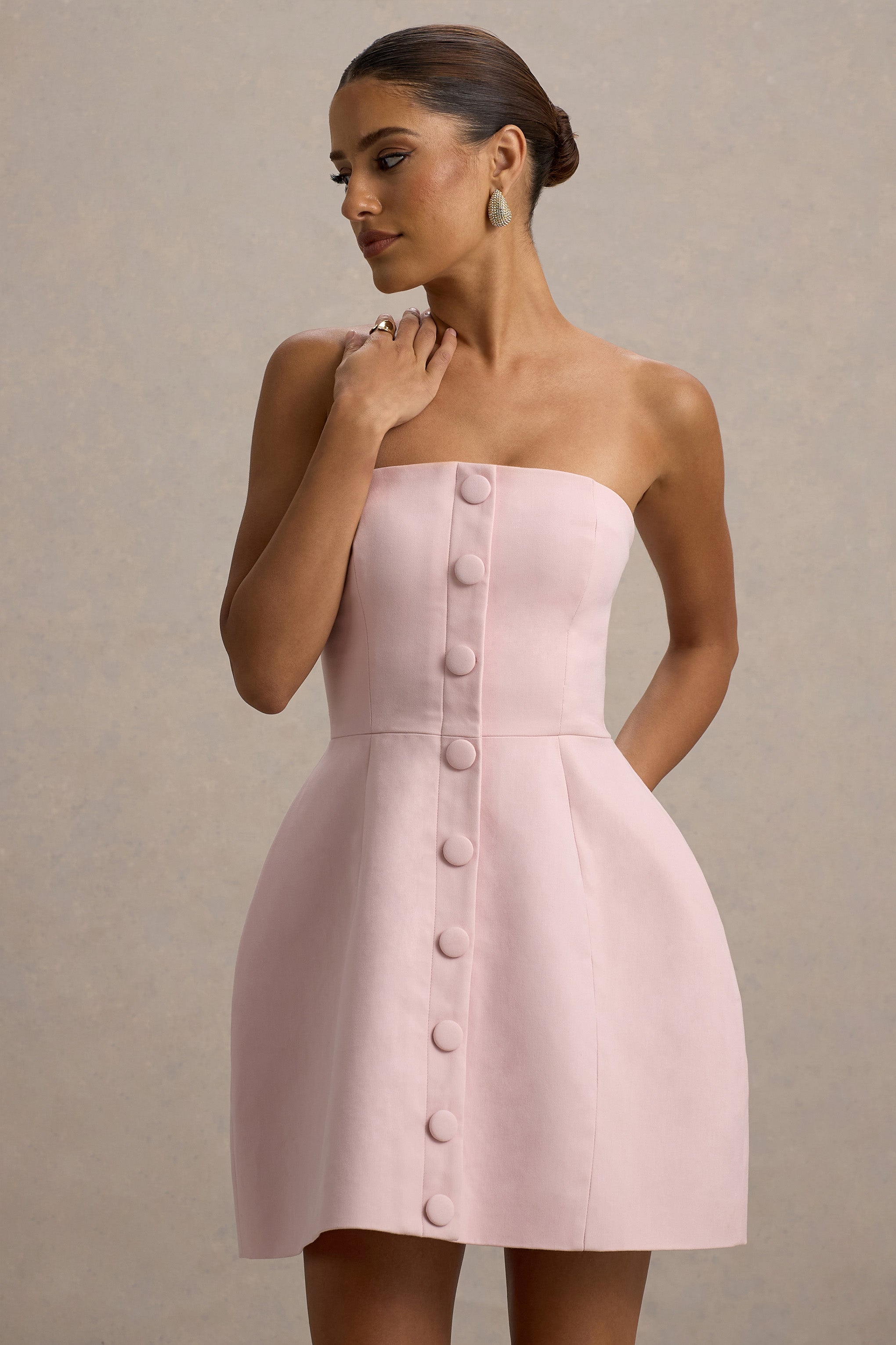 Anniston | Pembe Bandeau Kesim Butonlu Mini Elbise
