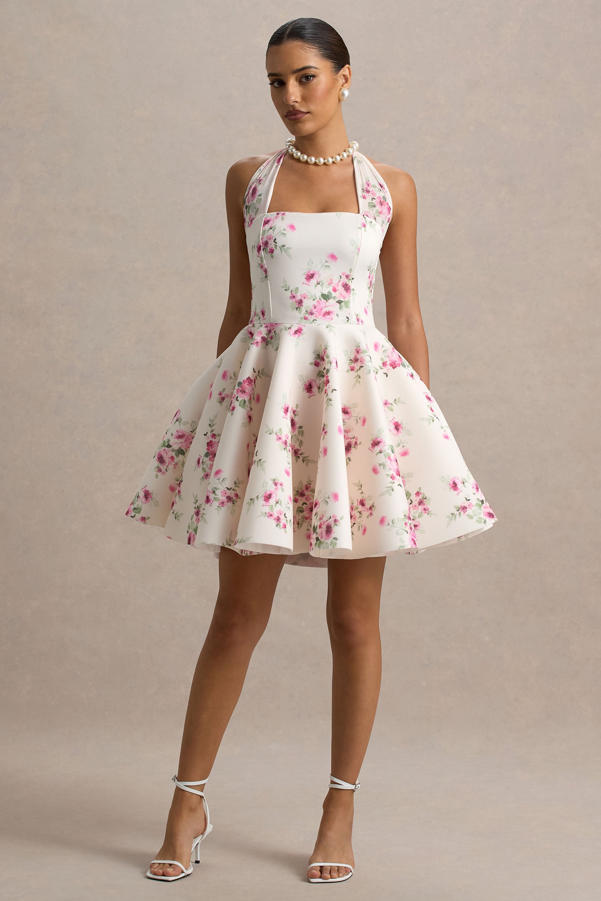 Peggy | Krem ve Pembe Halter Yaka Mini Elbise