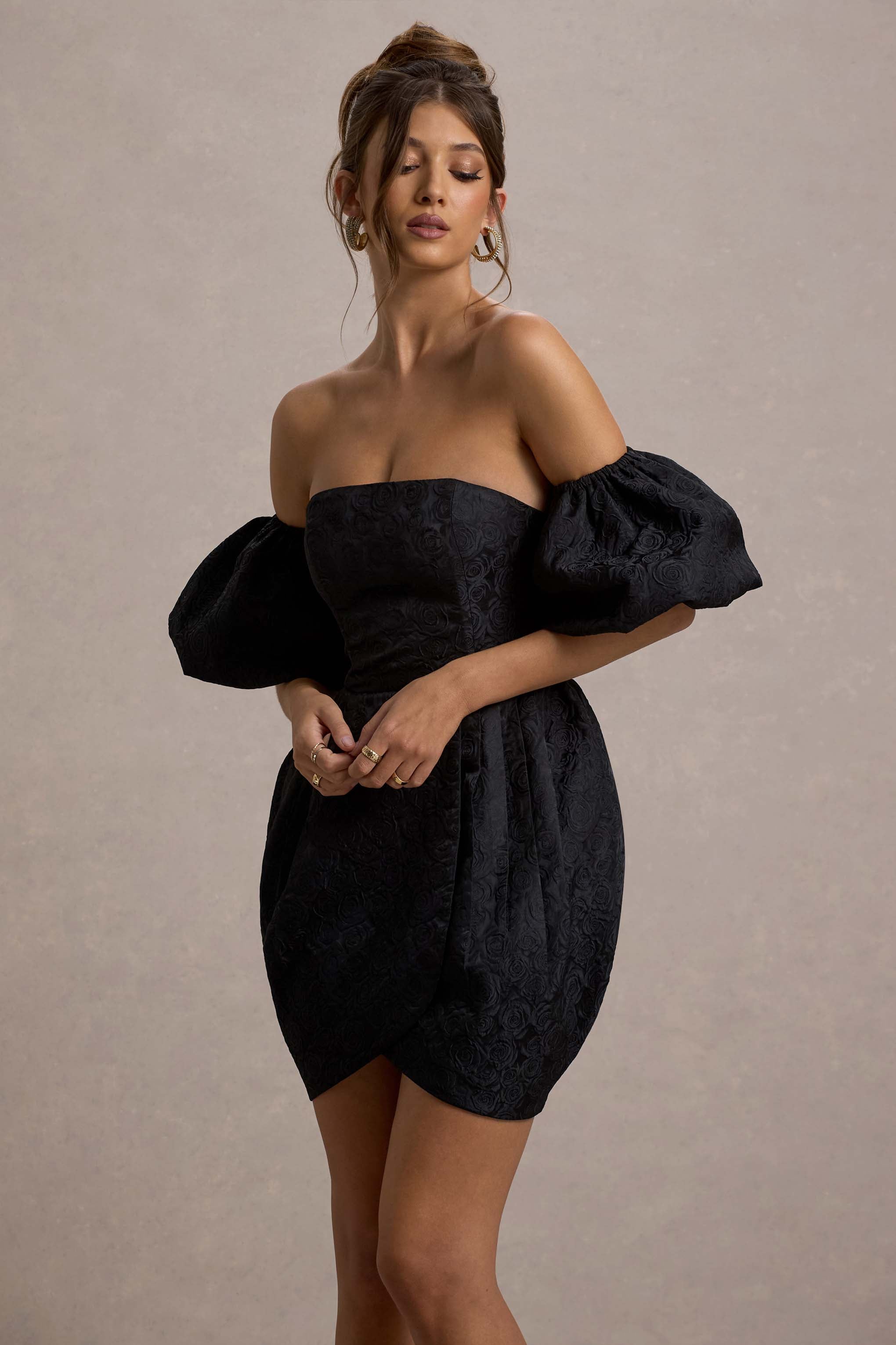 Ramone | Siyah Bardot Mini Elbise ile Lale Etek