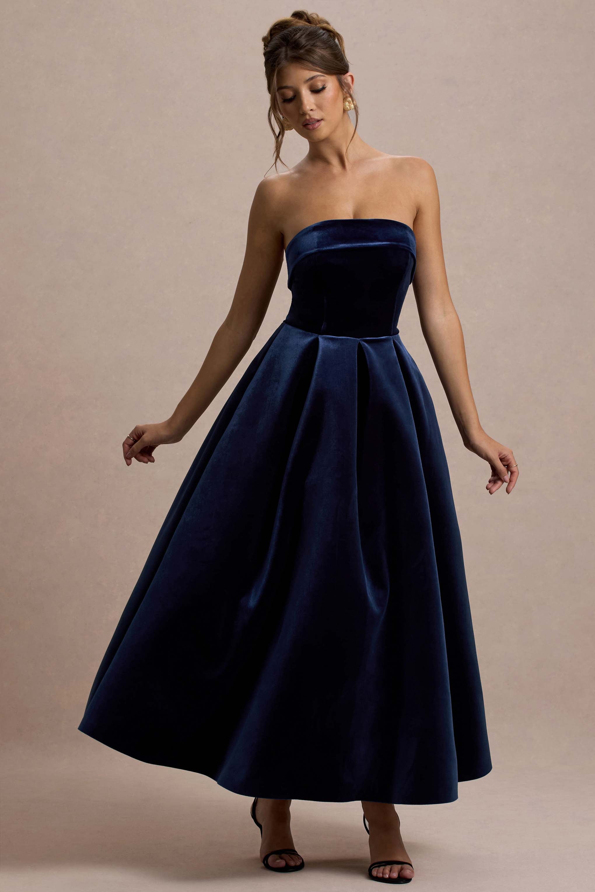 Addina | Lacivert Kadife Bandeau Midi Elbise