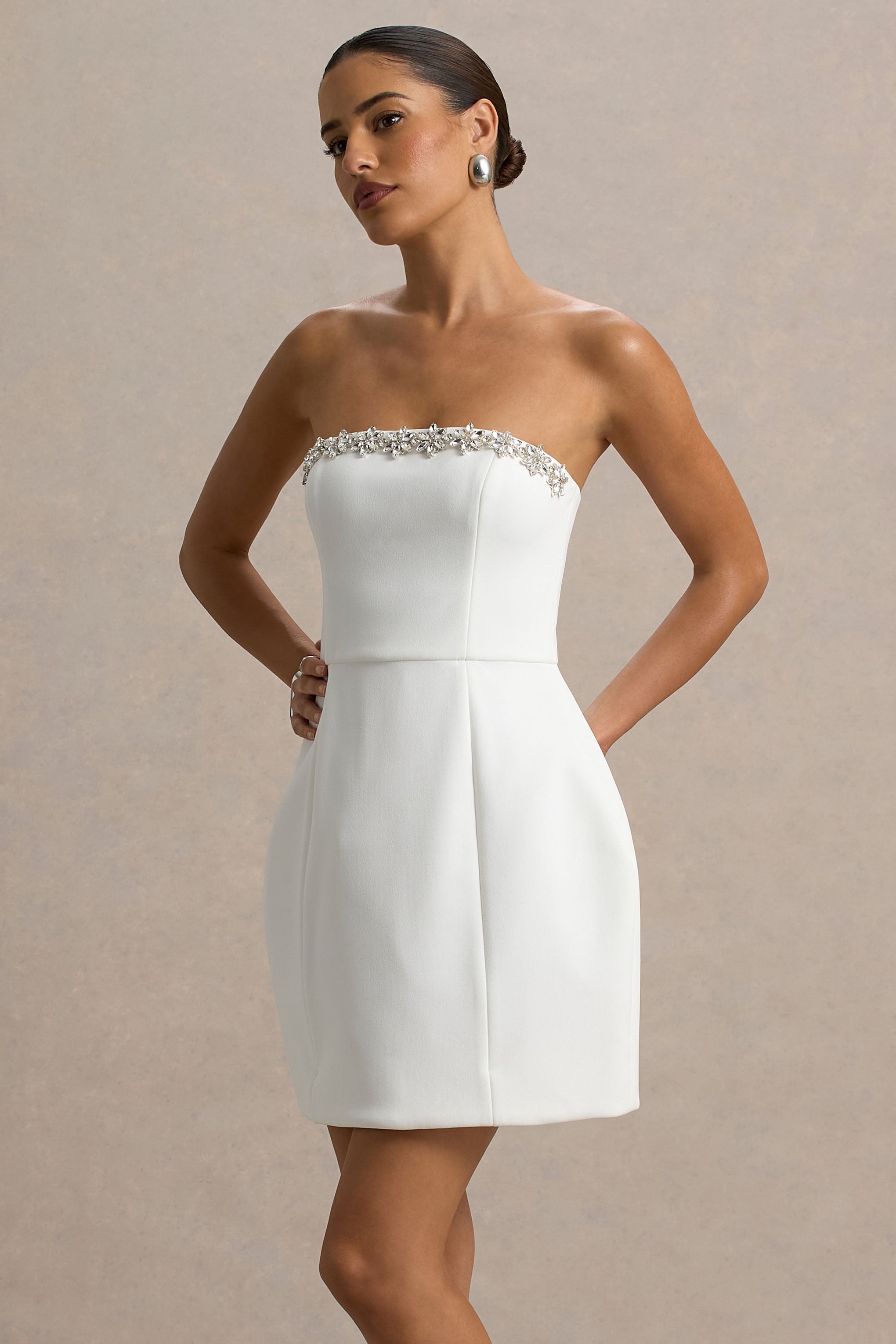 Bobbie | Beyaz Süslemeli Bandeau Mini Elbise