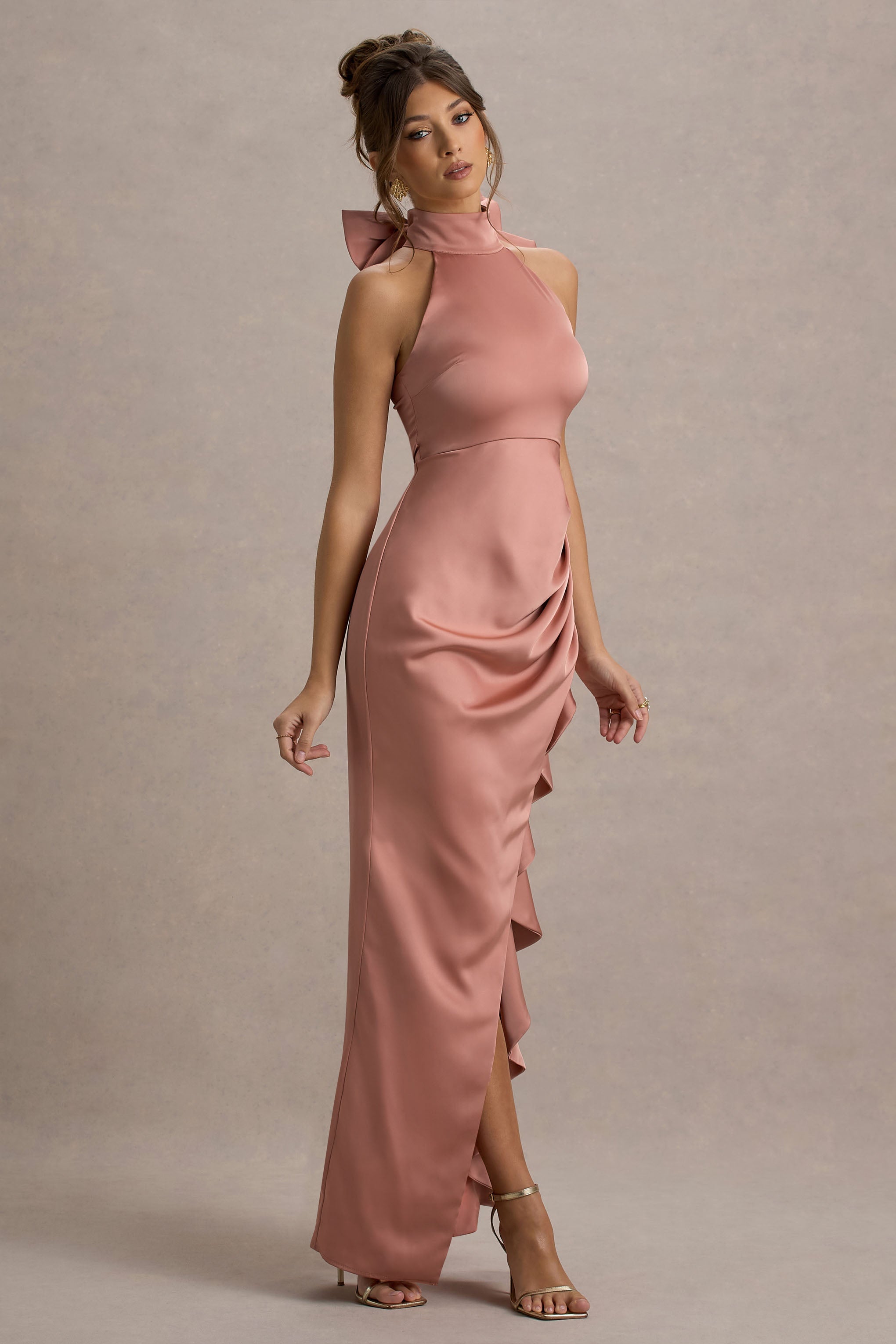 Maureen | Pembe Saten Yüksek Yaka Drapeli Maxi Elbise