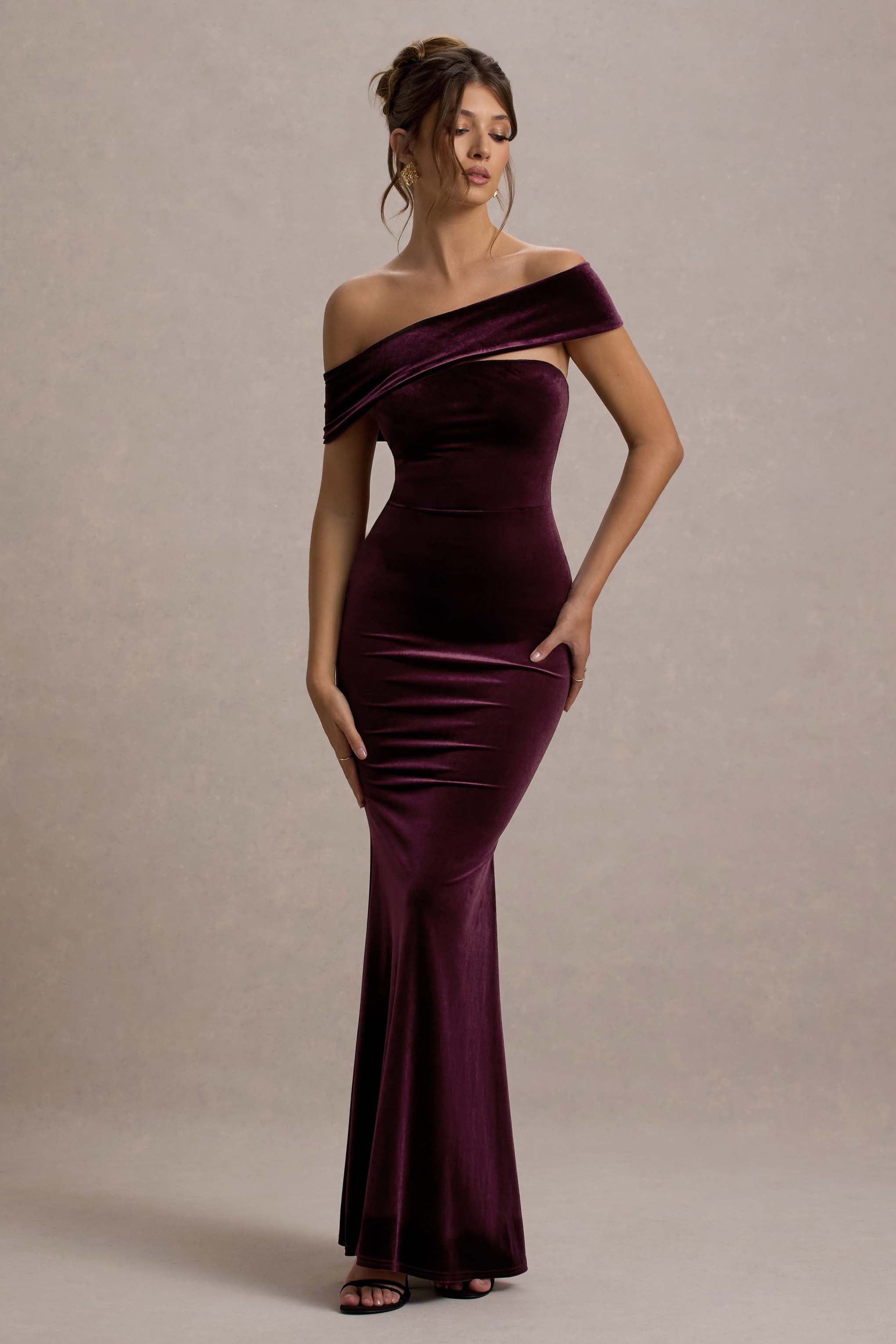 Candela | Port Kadife Asimetrik Bardot Maxi Elbise