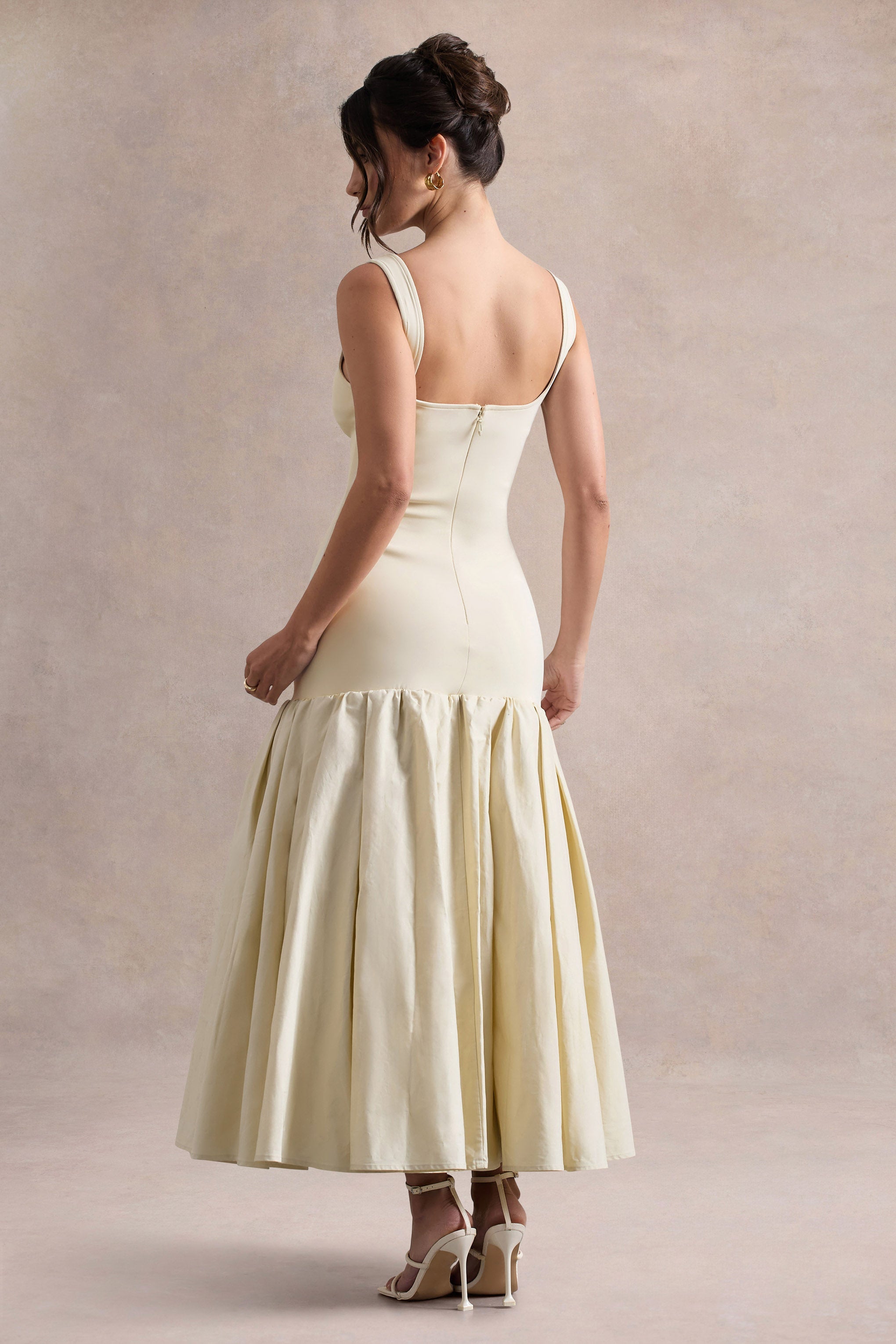 Parida | Peplum Etekli Krem Poplin Midi Elbise