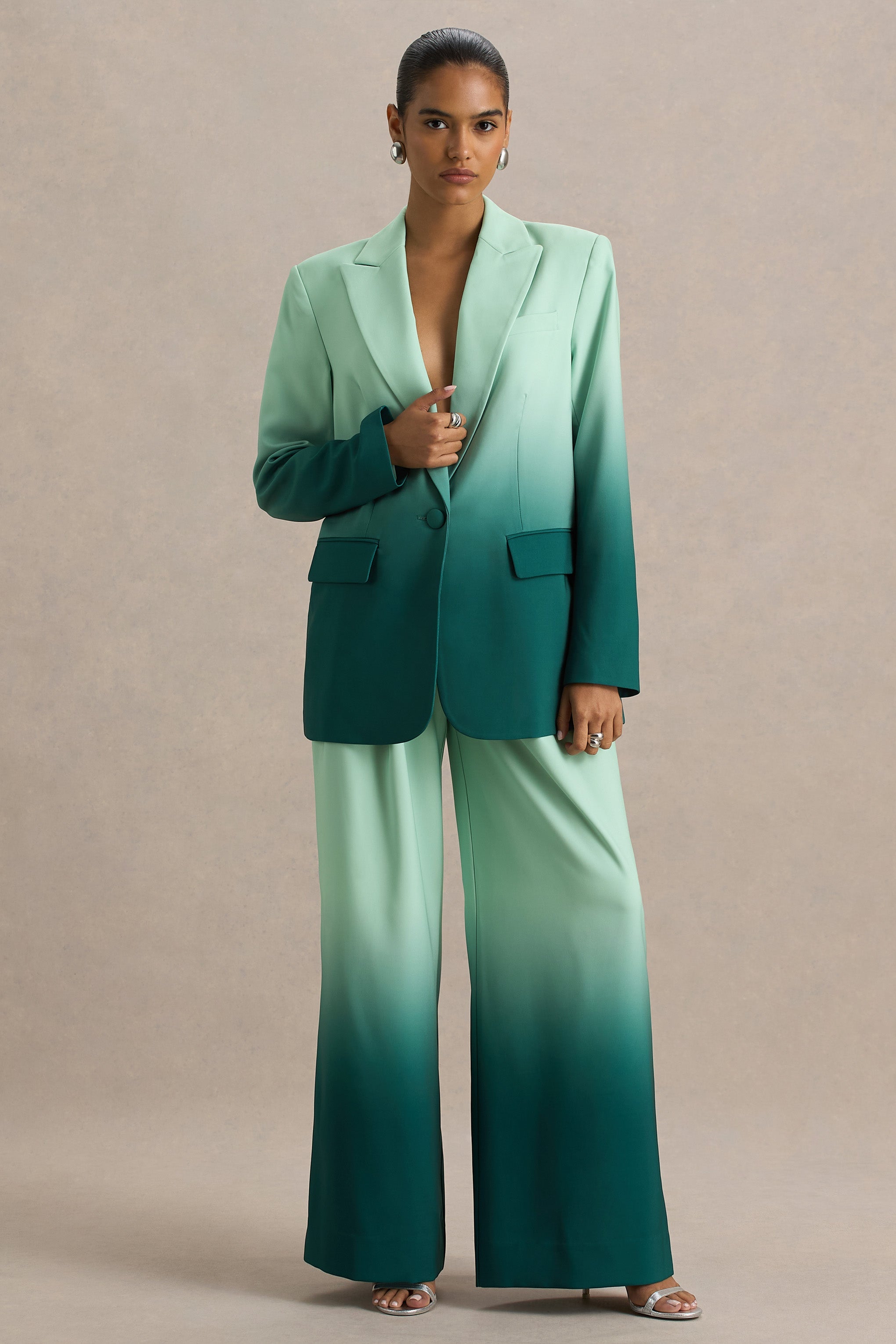Enya | Zümrüt Ombre Derin Yaka Saten Blazer