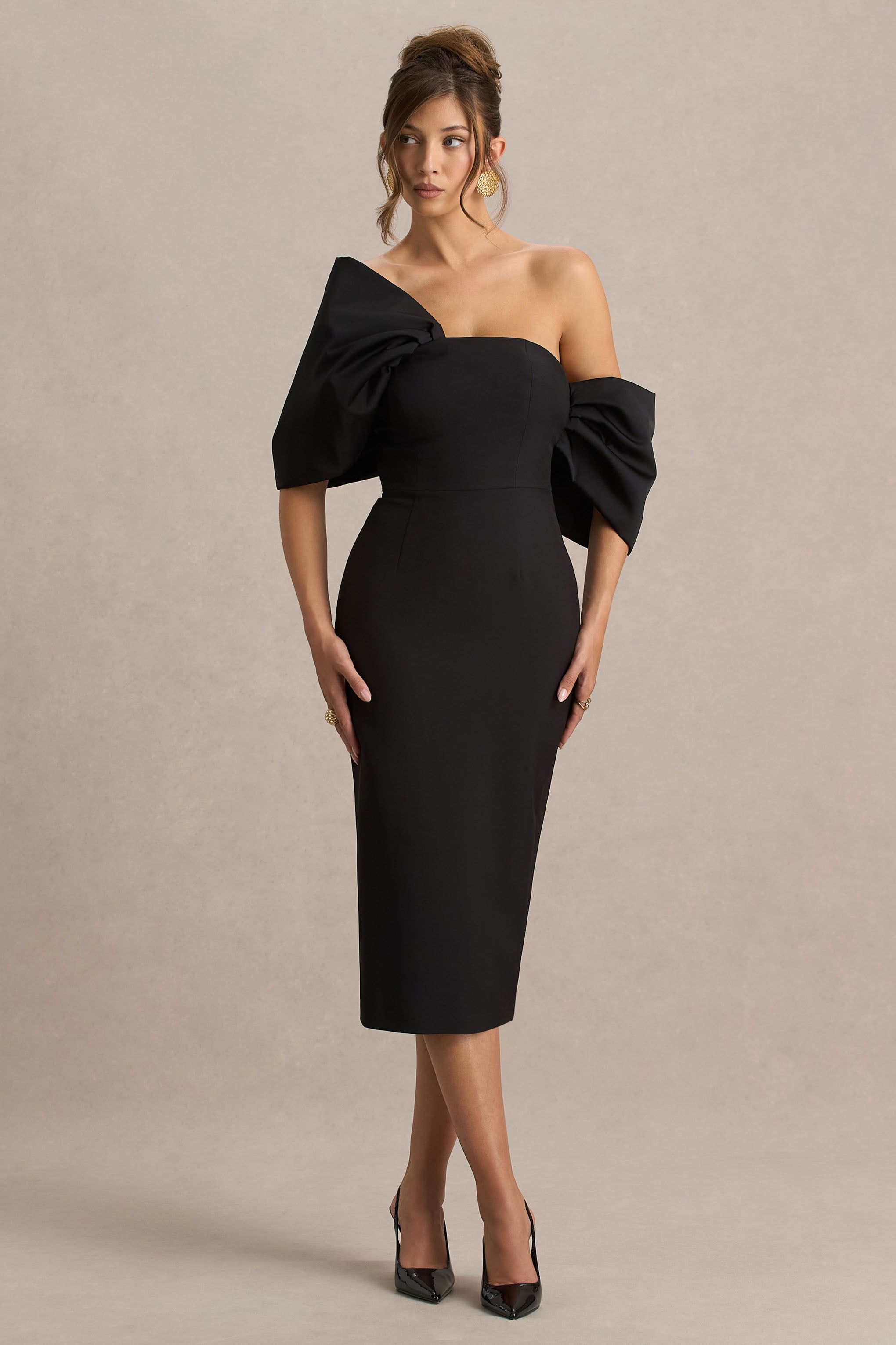 Lucille | Siyah Asimetrik Bardot Midi Elbise