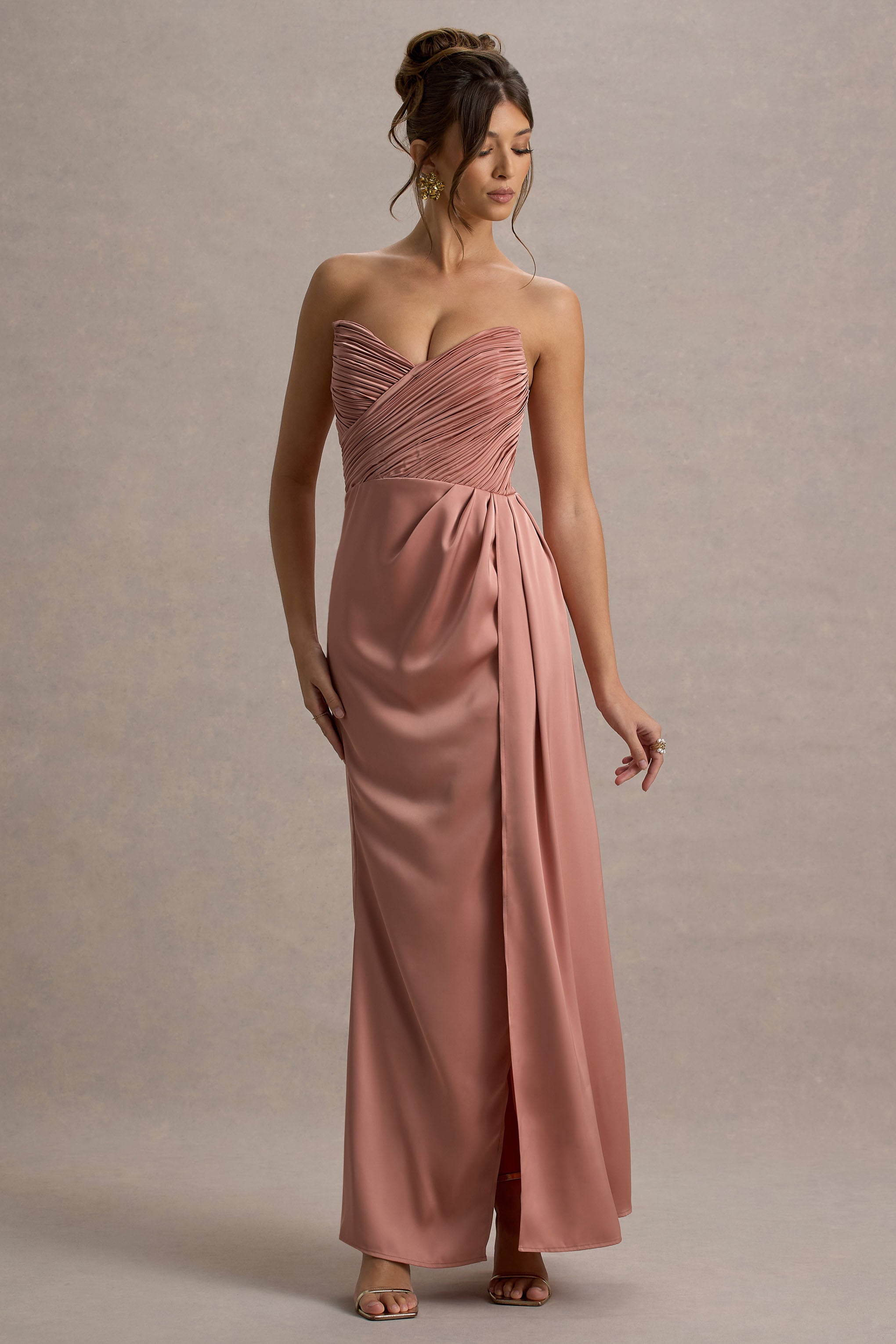 Edel | Pembe Saten Straplez Maxi Elbise