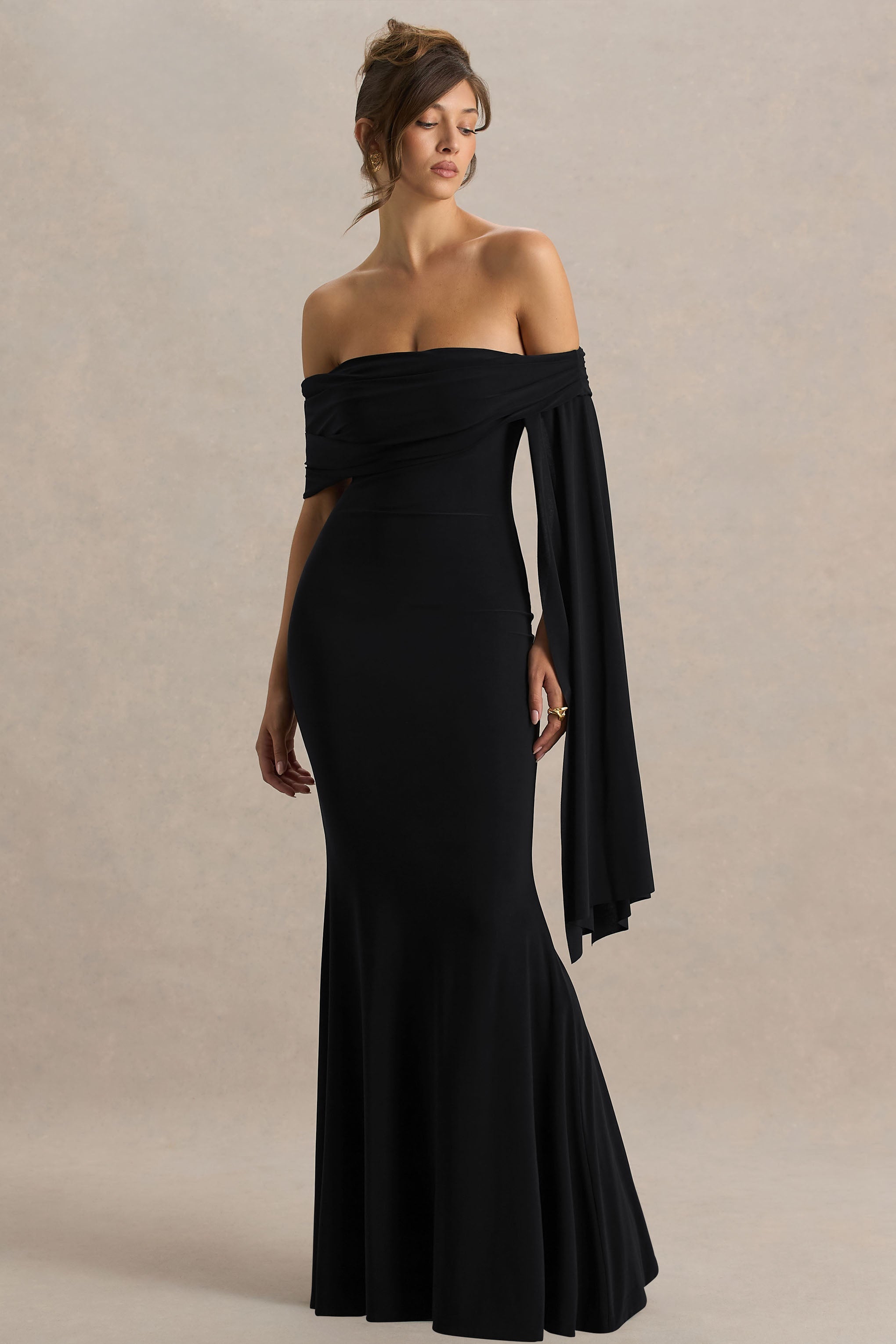 Saffina | Sash Detaylı Siyah Bardot Yaka Maxi Elbise