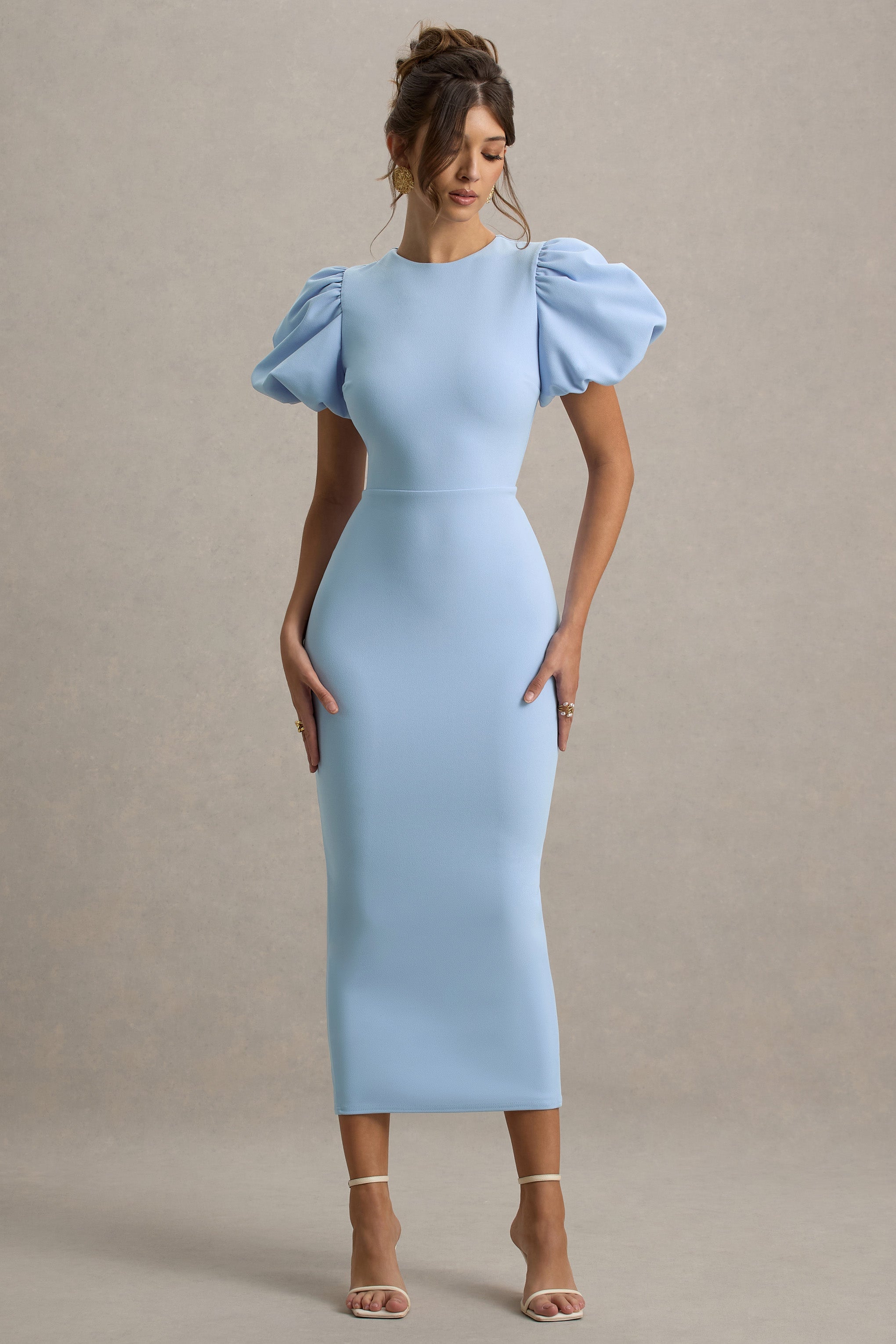 Dakota | Toz Mavi Puff-Sleeve Midi Elbise