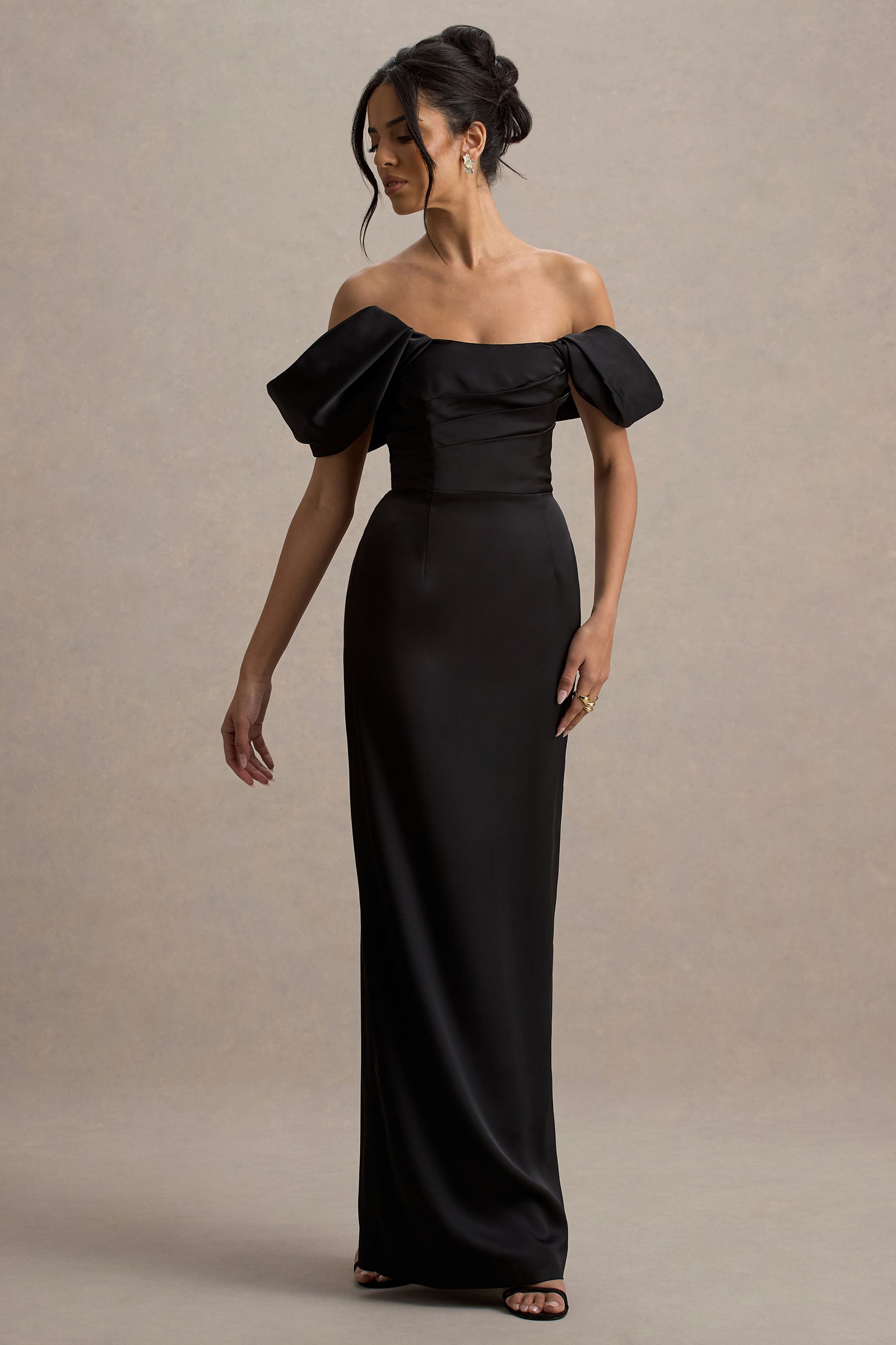Annita | Siyah Saten Bardot Maxi Elbise