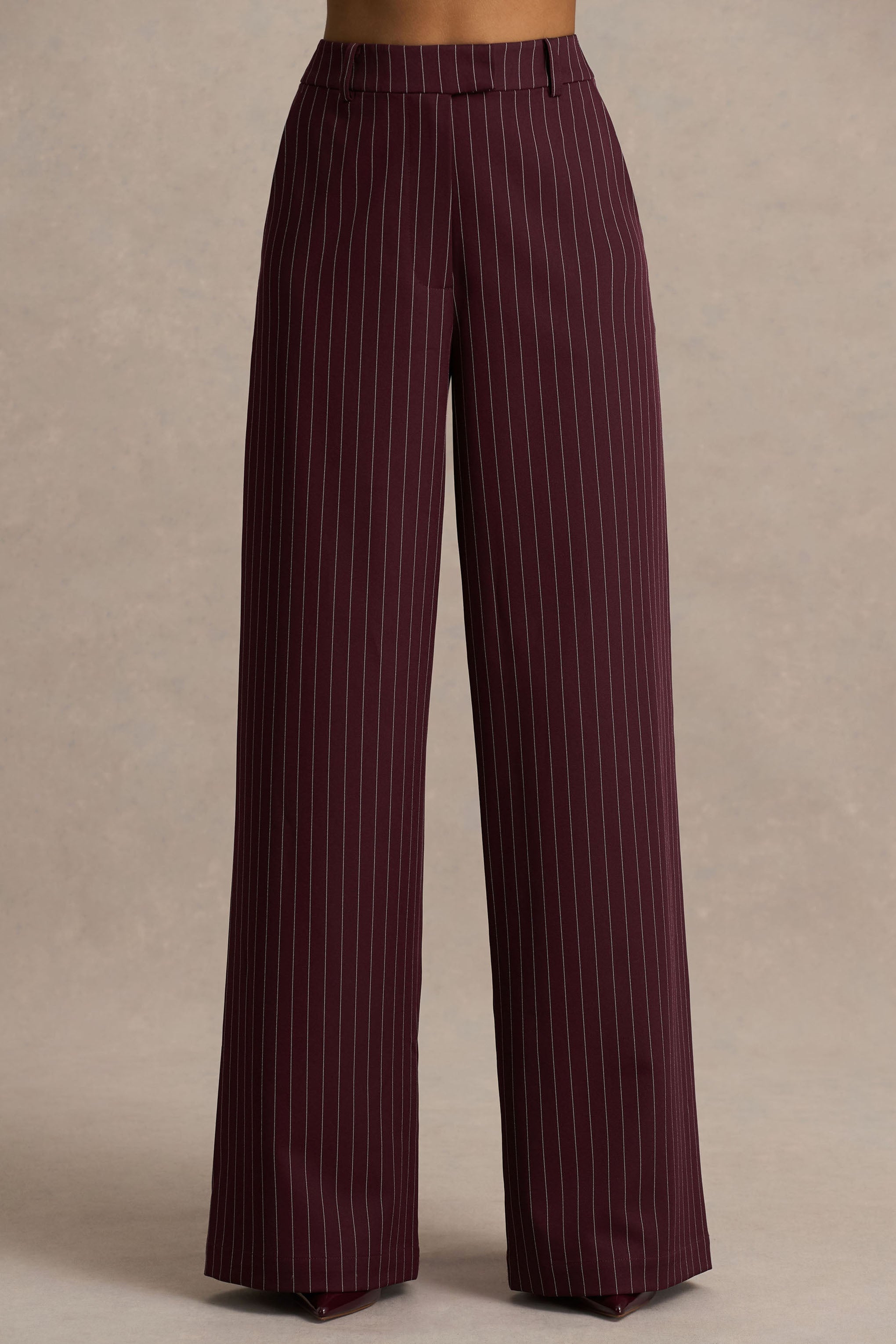Asteria | Bordo Çizgili Geniş Paça Pantolon