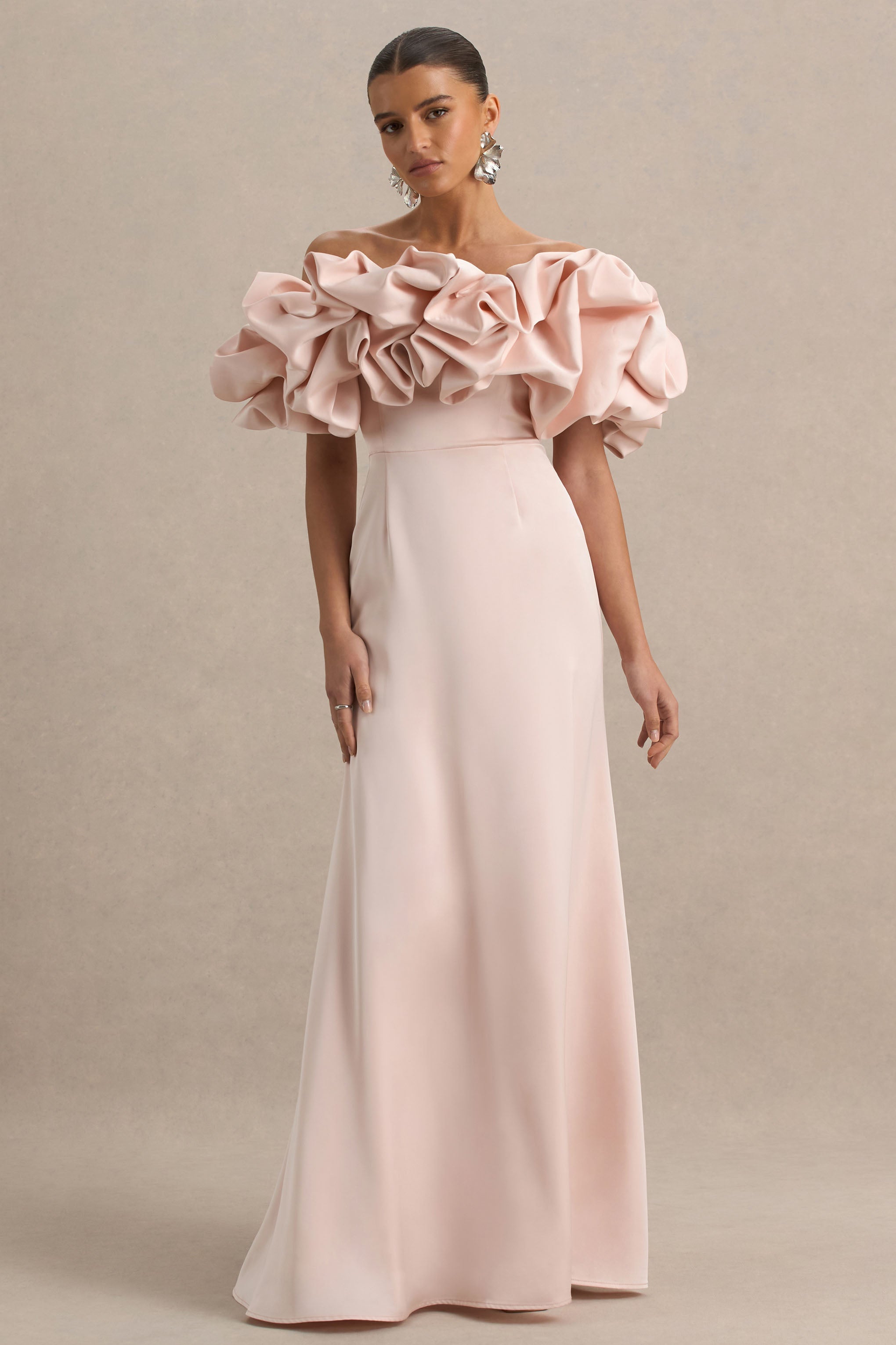 Allie | Soluk Pembe Puff Bardot Maxi Elbise