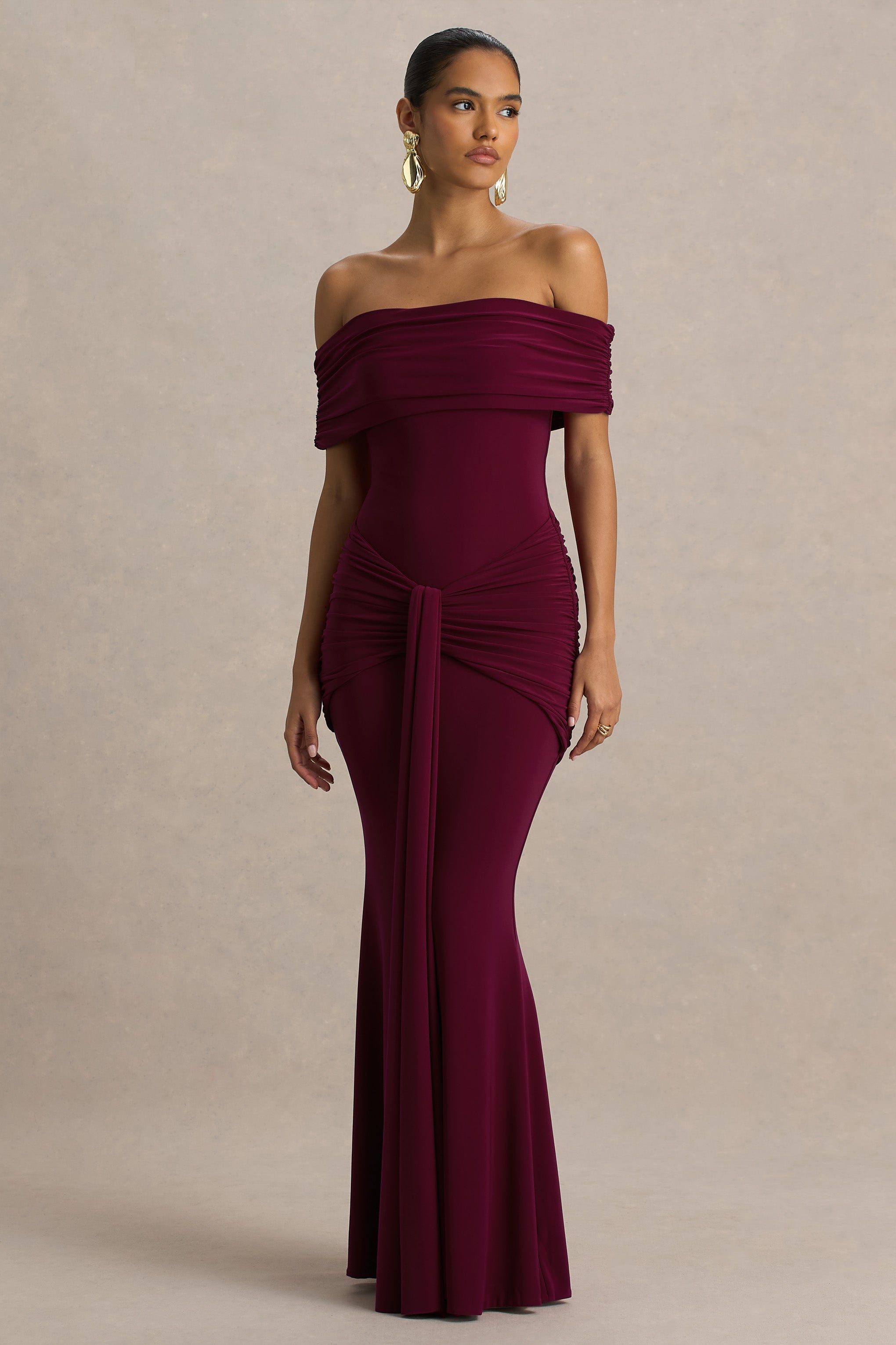 Hayal Edilen | K gathered ve Drape Detaylı Bordo Bardot Yaka Maxi Elbise