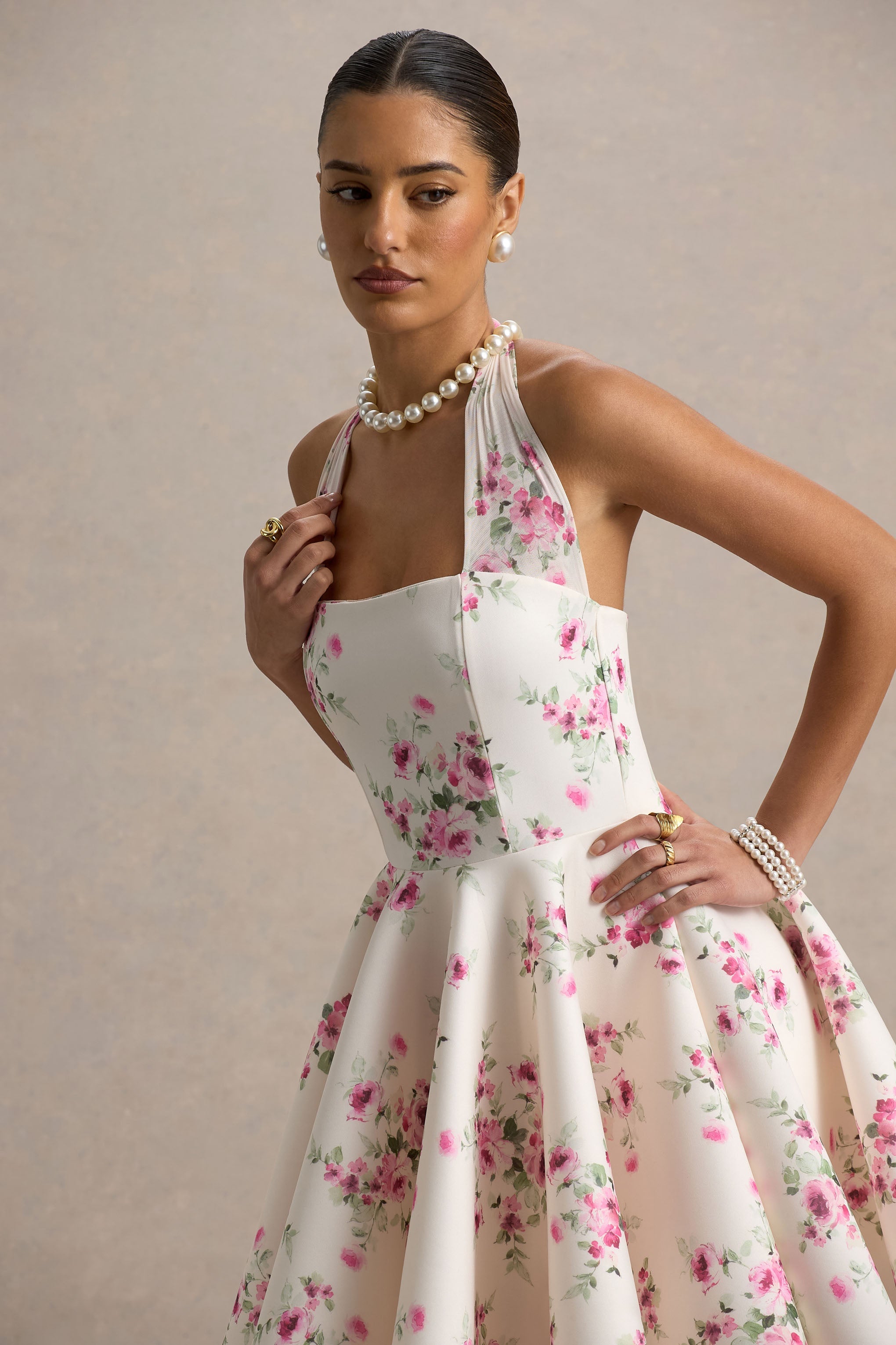 Peggy | Krem ve Pembe Halter Yaka Mini Elbise