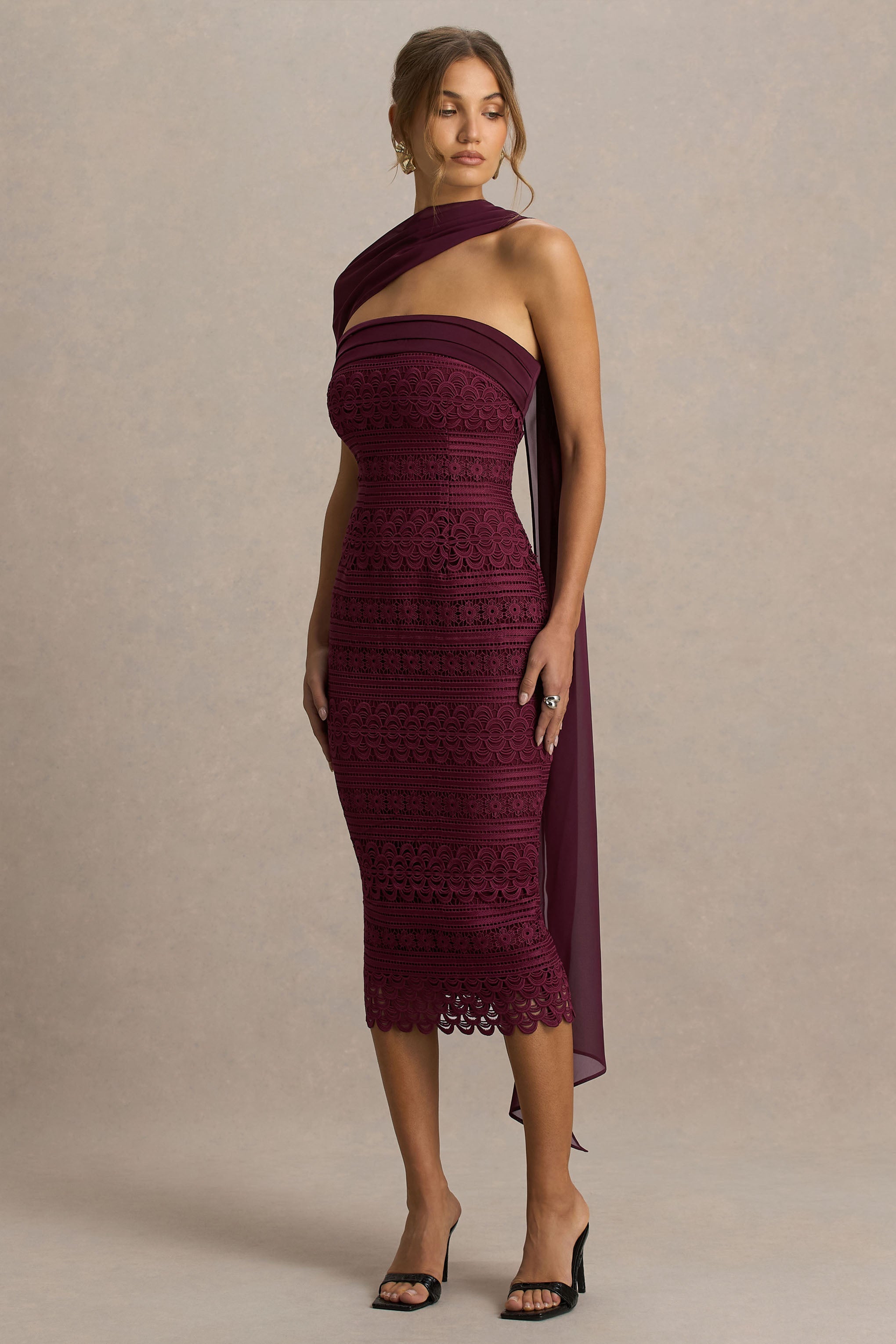 Secret | Bordo Bandeau Dantel Midi Elbise Şal Detaylı