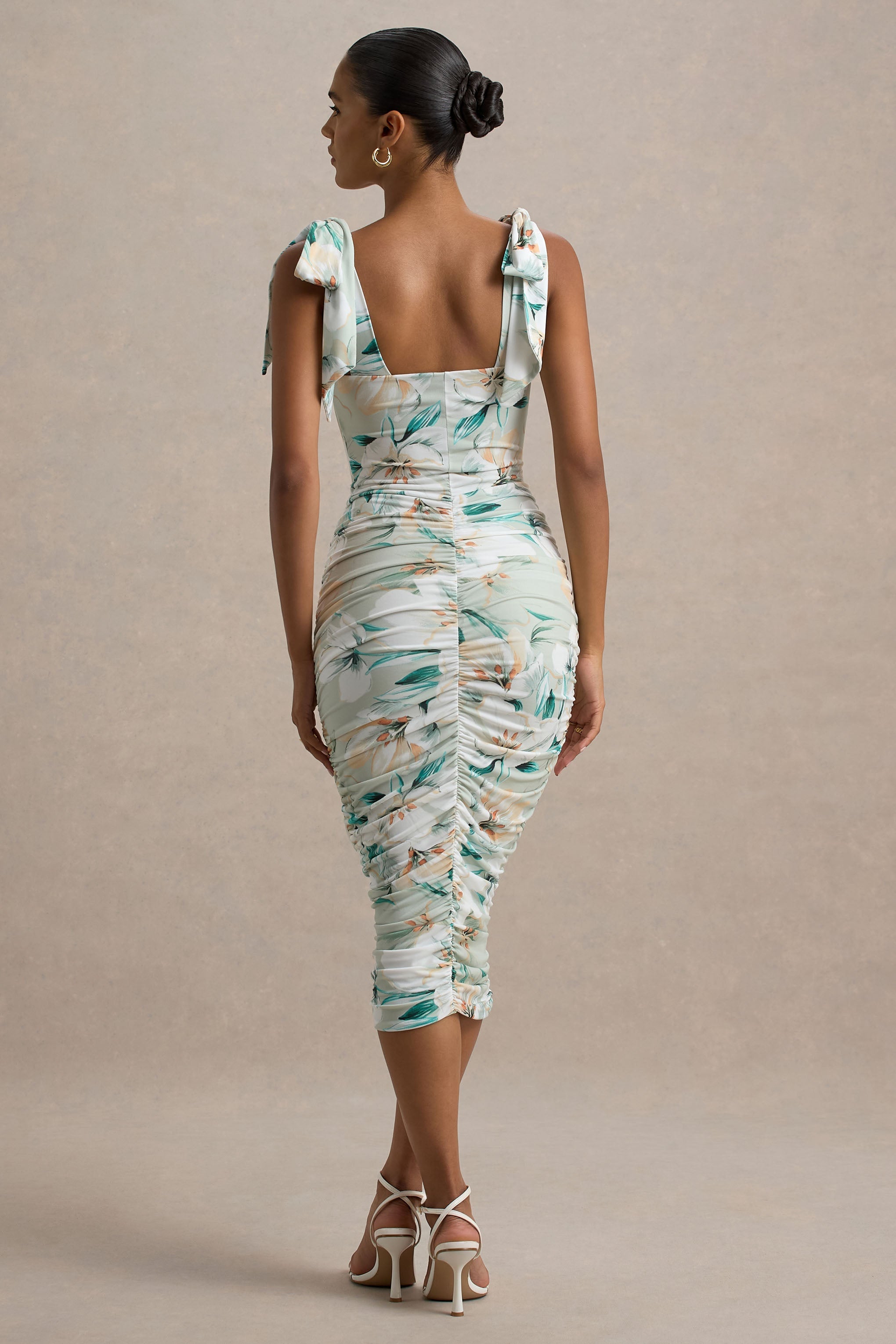 Cordelia | Yeşil Çiçek Desenli Bodycon Midi Elbise, Fiyonk Askılı