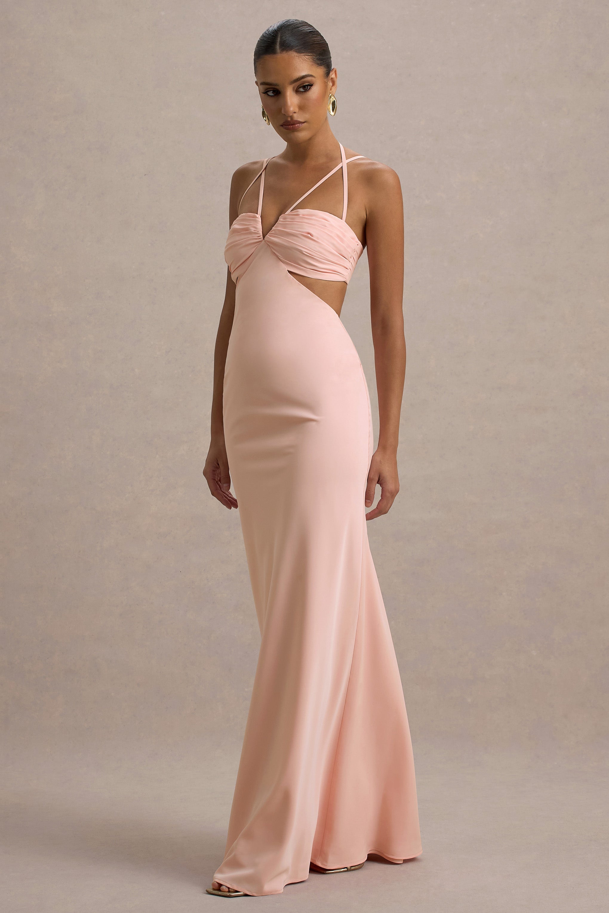 Leandra | Pembe Askılı Kesik Maxi Elbise