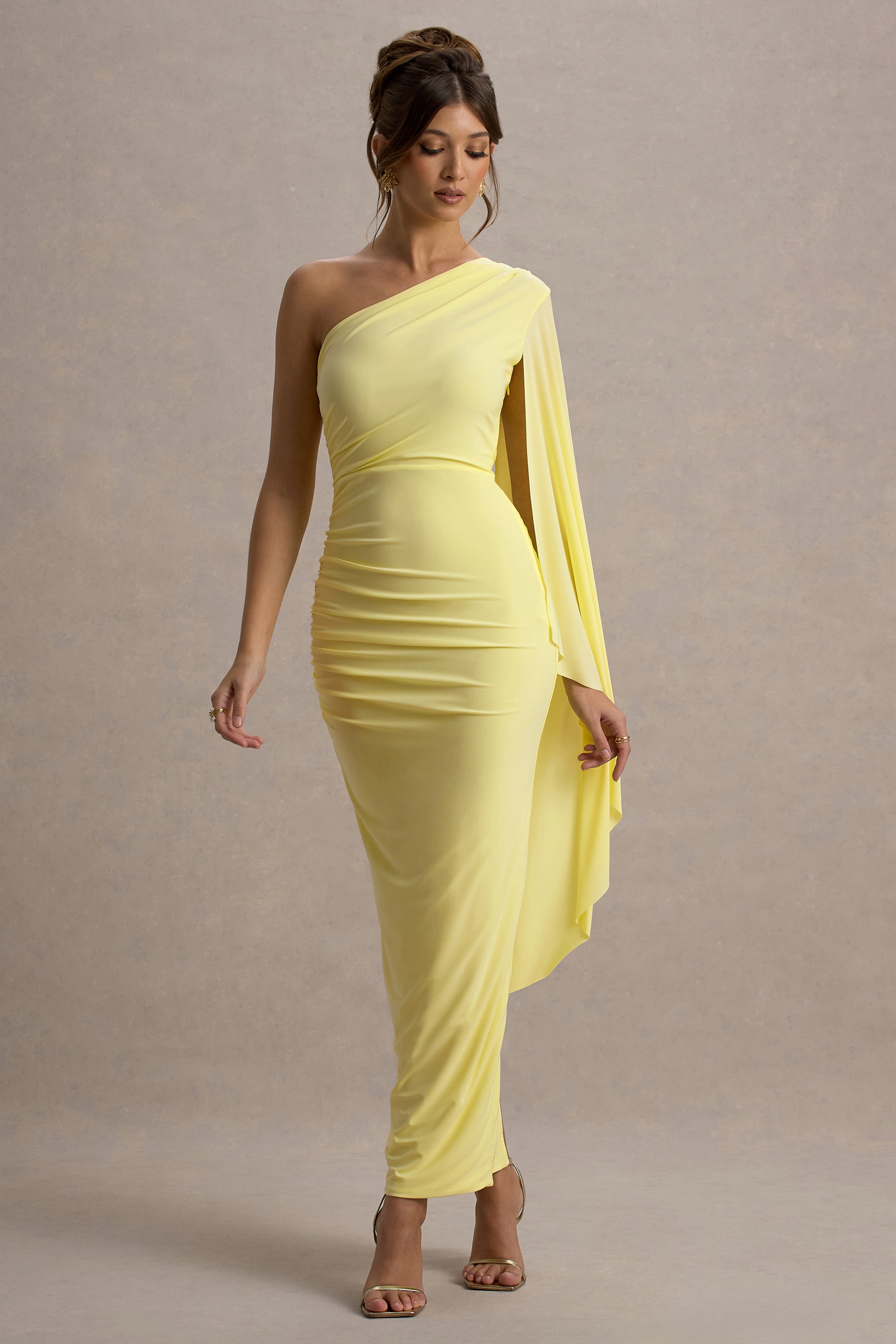 Clementina | Limon Asimetrik Pelerin Kol Maxi Elbise