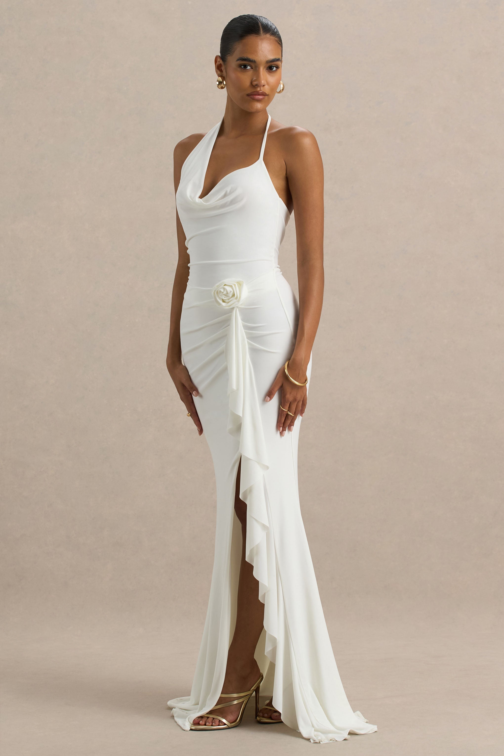 Lucena | Korsaj Detaylı ve Ön Yüksek Yırtmaçlı Beyaz Cowl-Neck Maxi Elbise