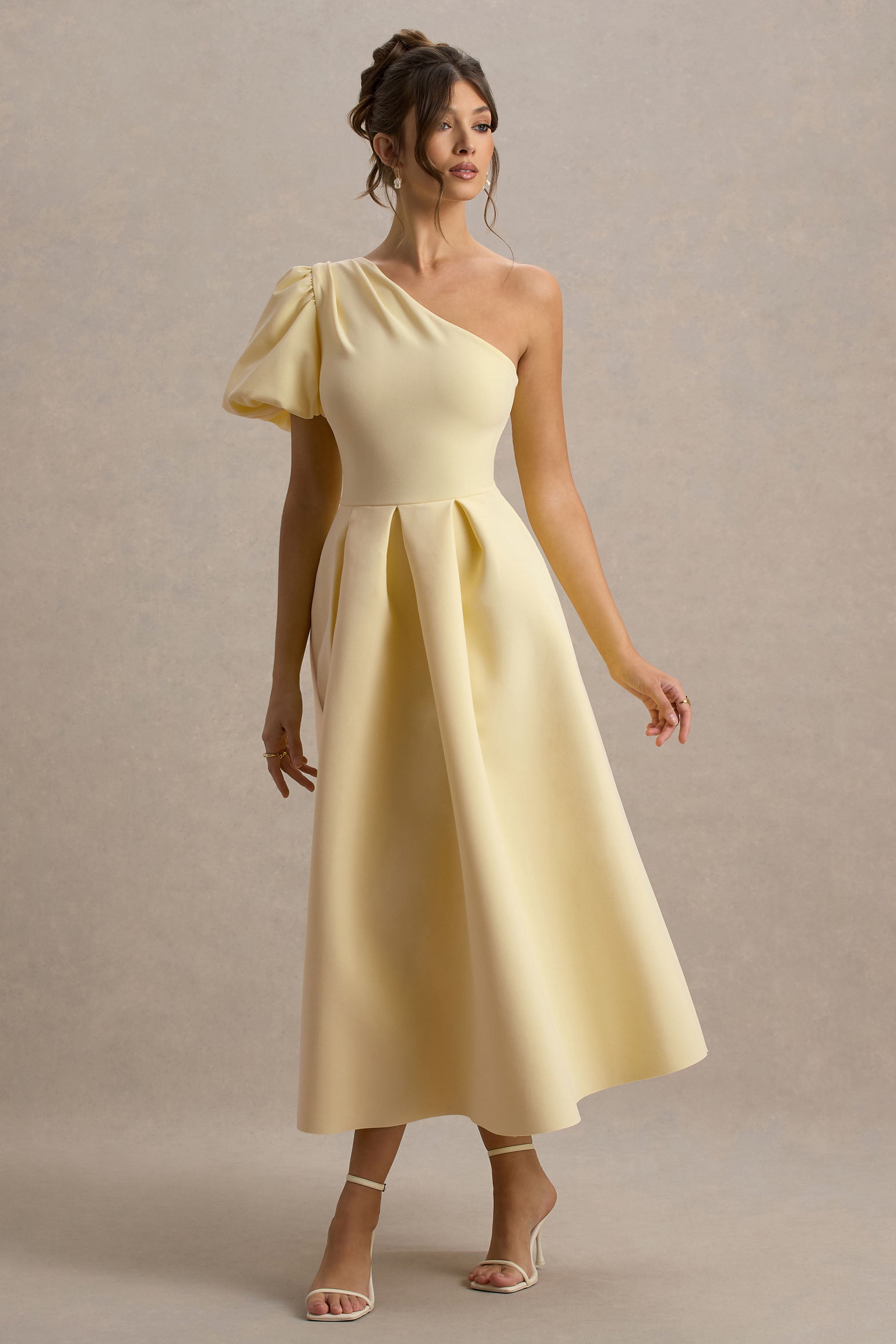 Rochelle | Soluk Limon Asimetrik Puff-Sleeve Midi Elbise