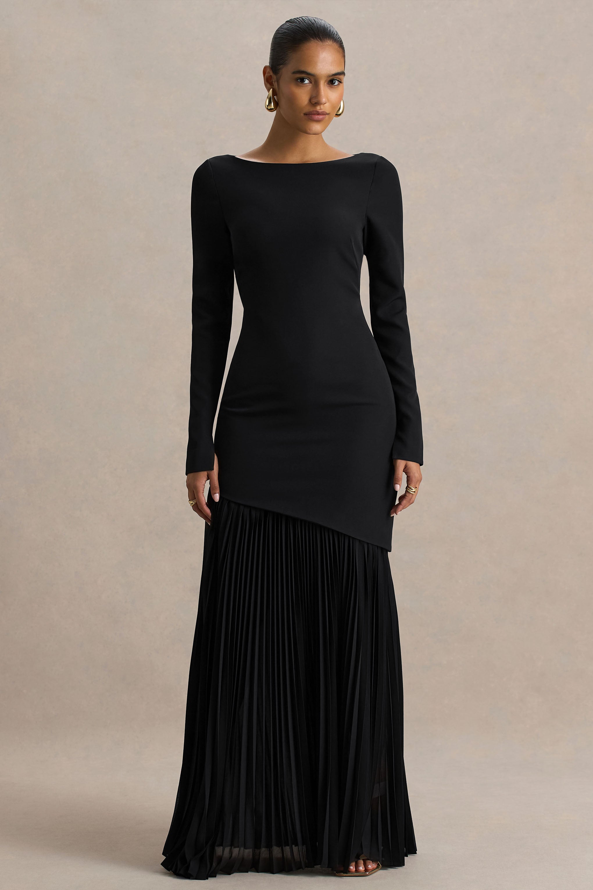 Yanira | Siyah Krepe ve Jorjet Crew-Neck Maxi Elbise ile Düşük Bel