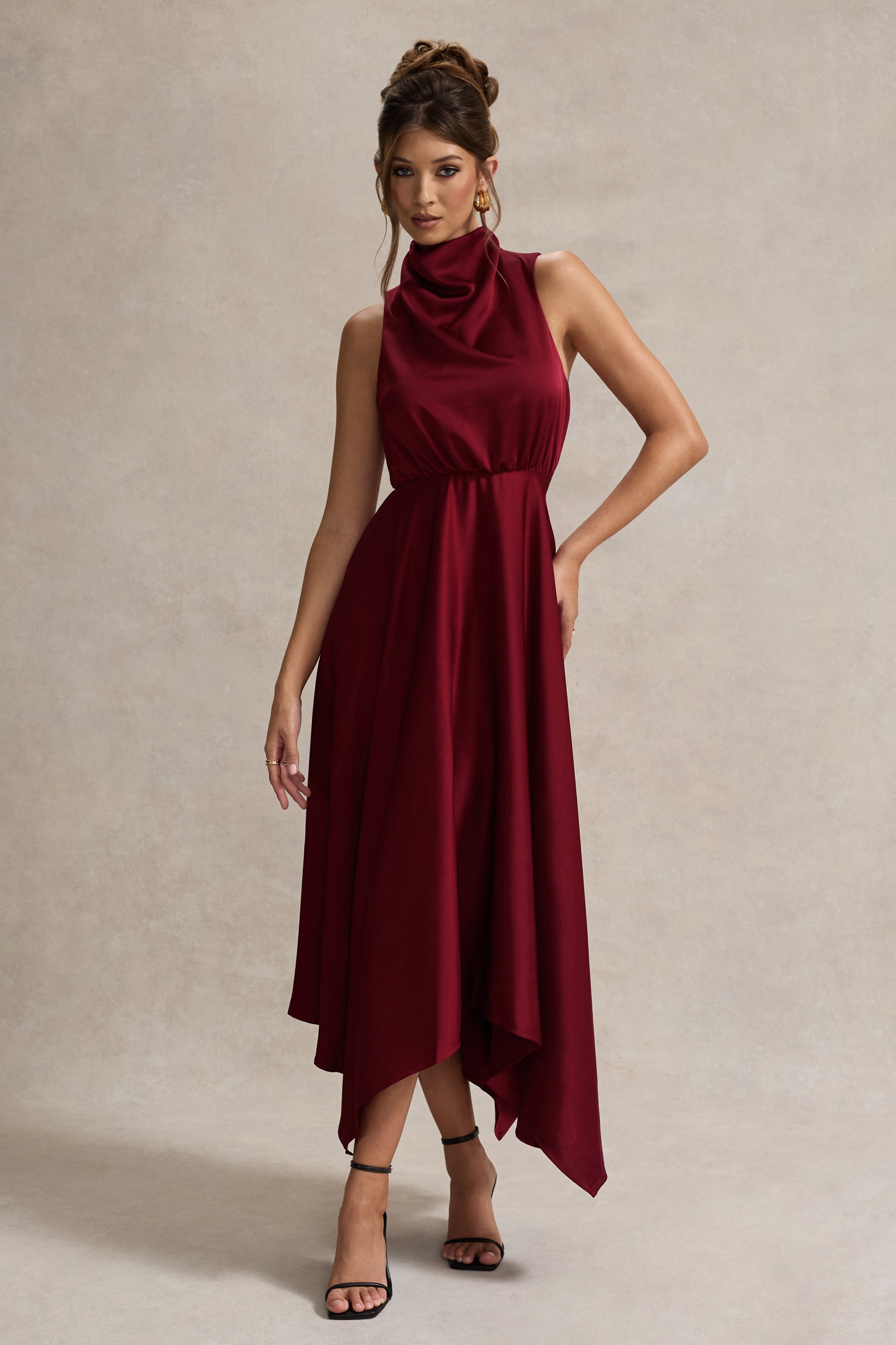 Kerri | Berry Saten Cowl-Neck Maxi Elbise