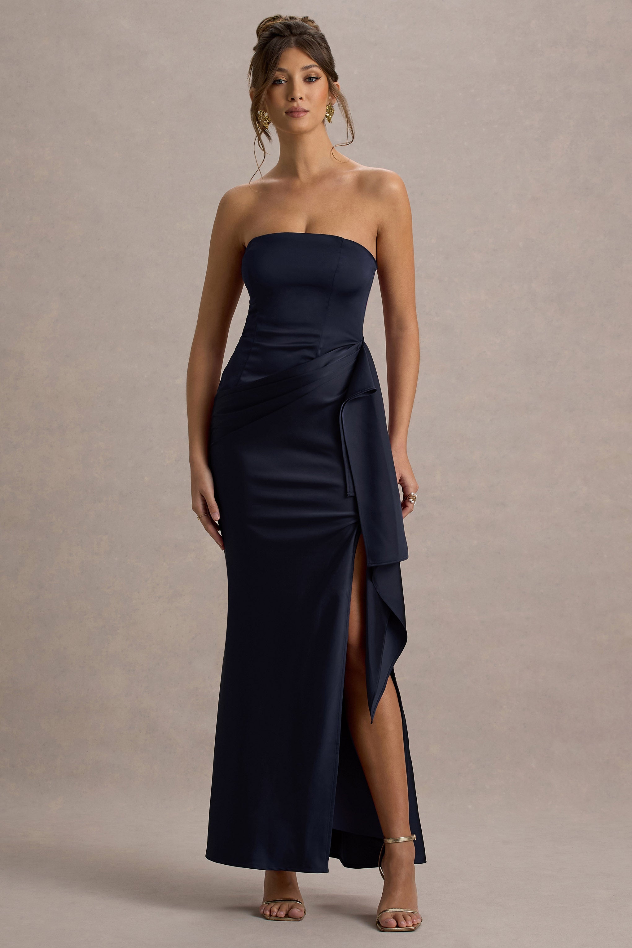 Loz | Lacivert Saten Bandeau Drapeli Maxi Elbise