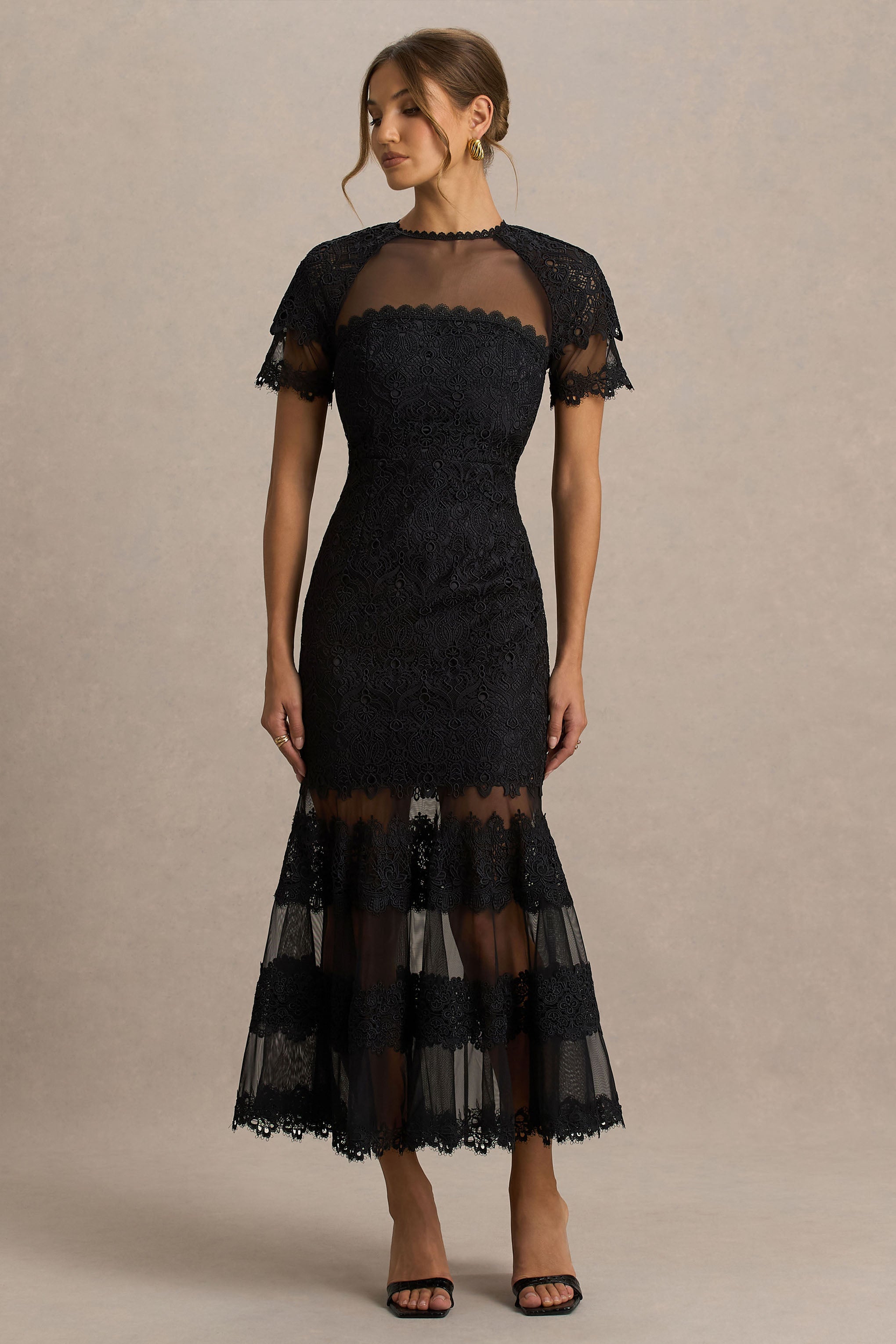Leanne | Siyah File ve Dantel Yaka Detaylı Fishtail Midi Elbise