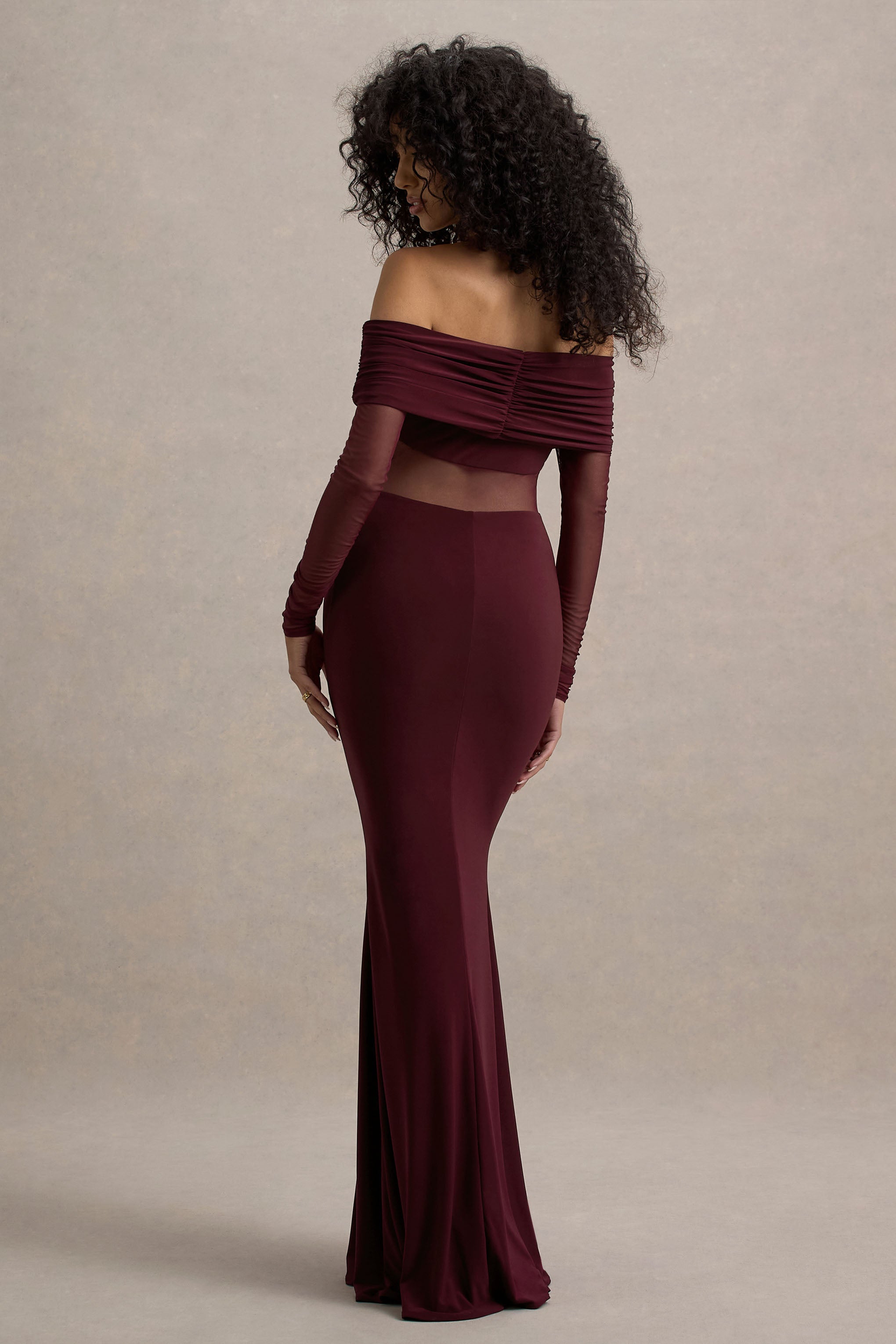 Ismeralda | Bordo File Detaylı Ruched Bardot Maxi Elbise