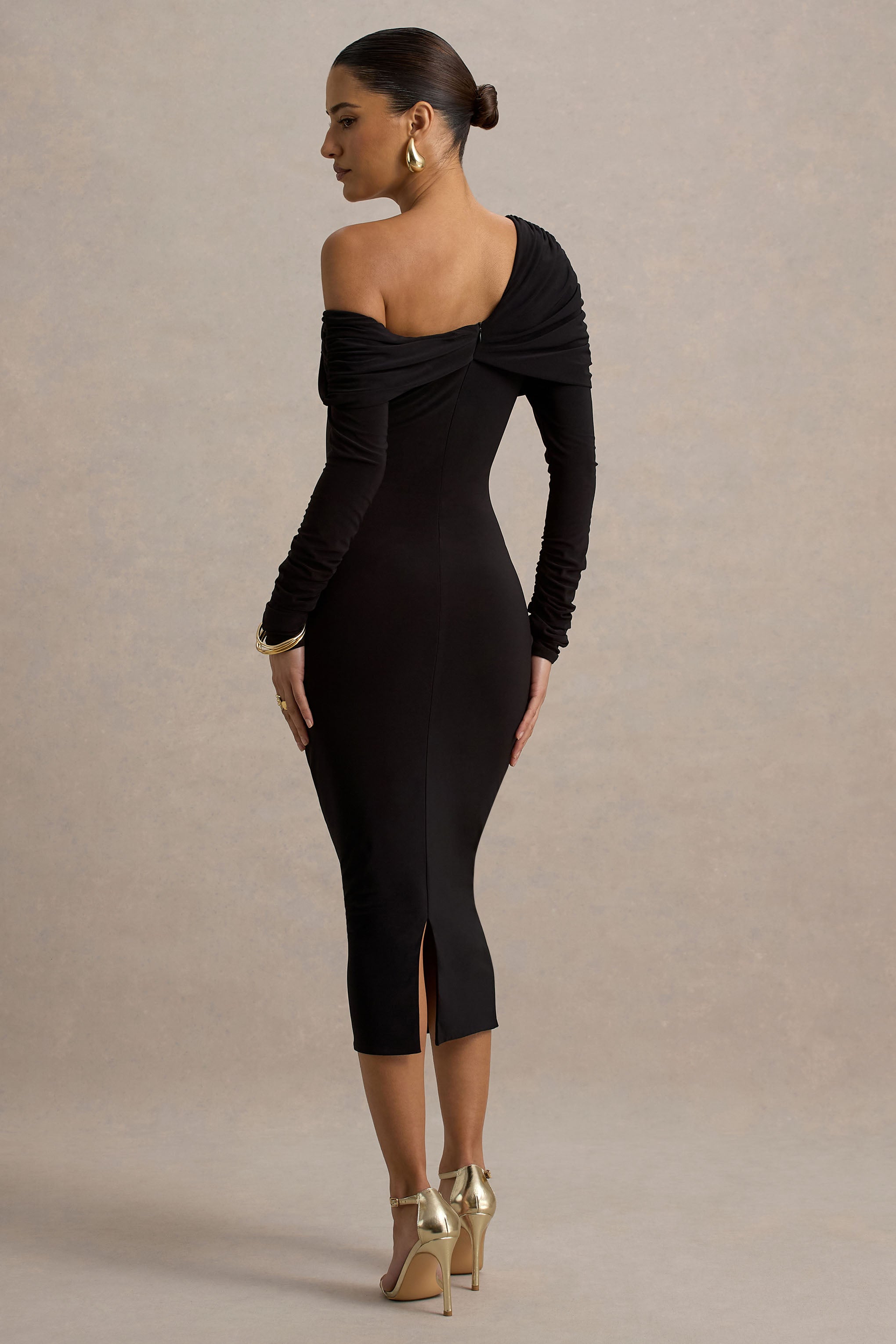 Cleo | Siyah Bodycon Midi Elbise Ağı Mesh Kollarla