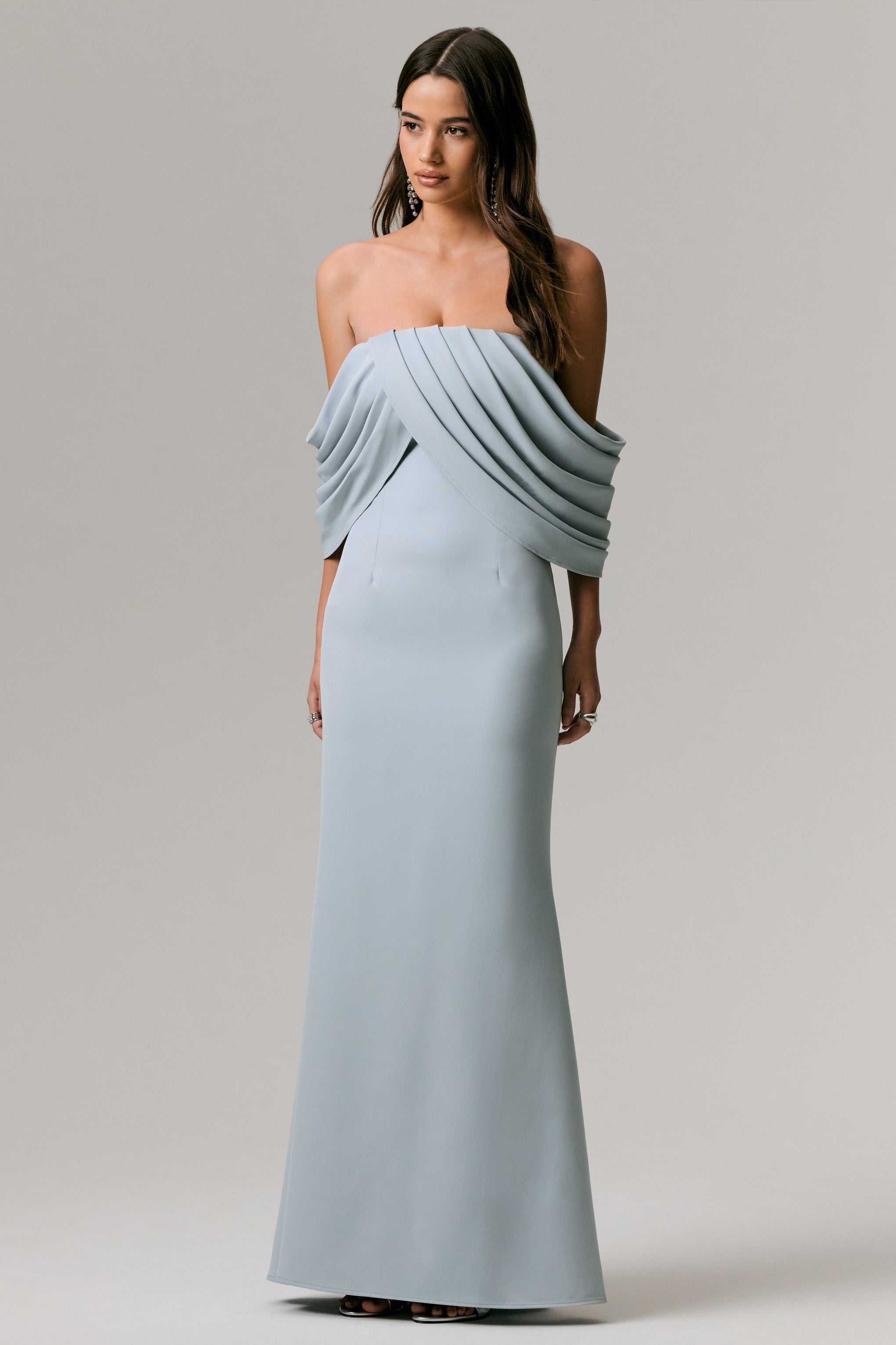 Serene | Pudra Mavi Drapeli Bardot Maxi Elbise