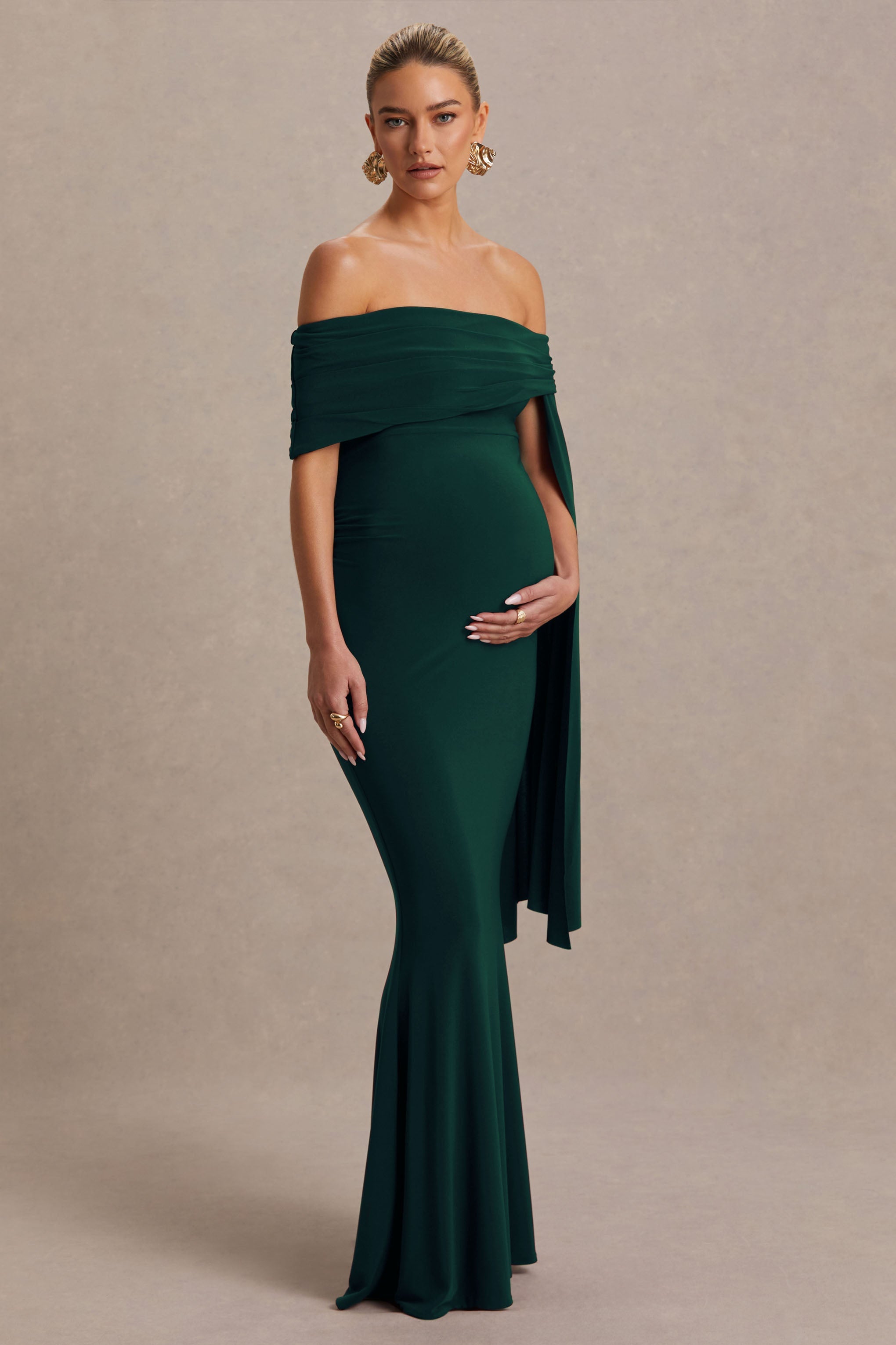 Aquila | Şişe Yeşili Bardot Hamile Maxi Elbise Drape Kol Detayı ile