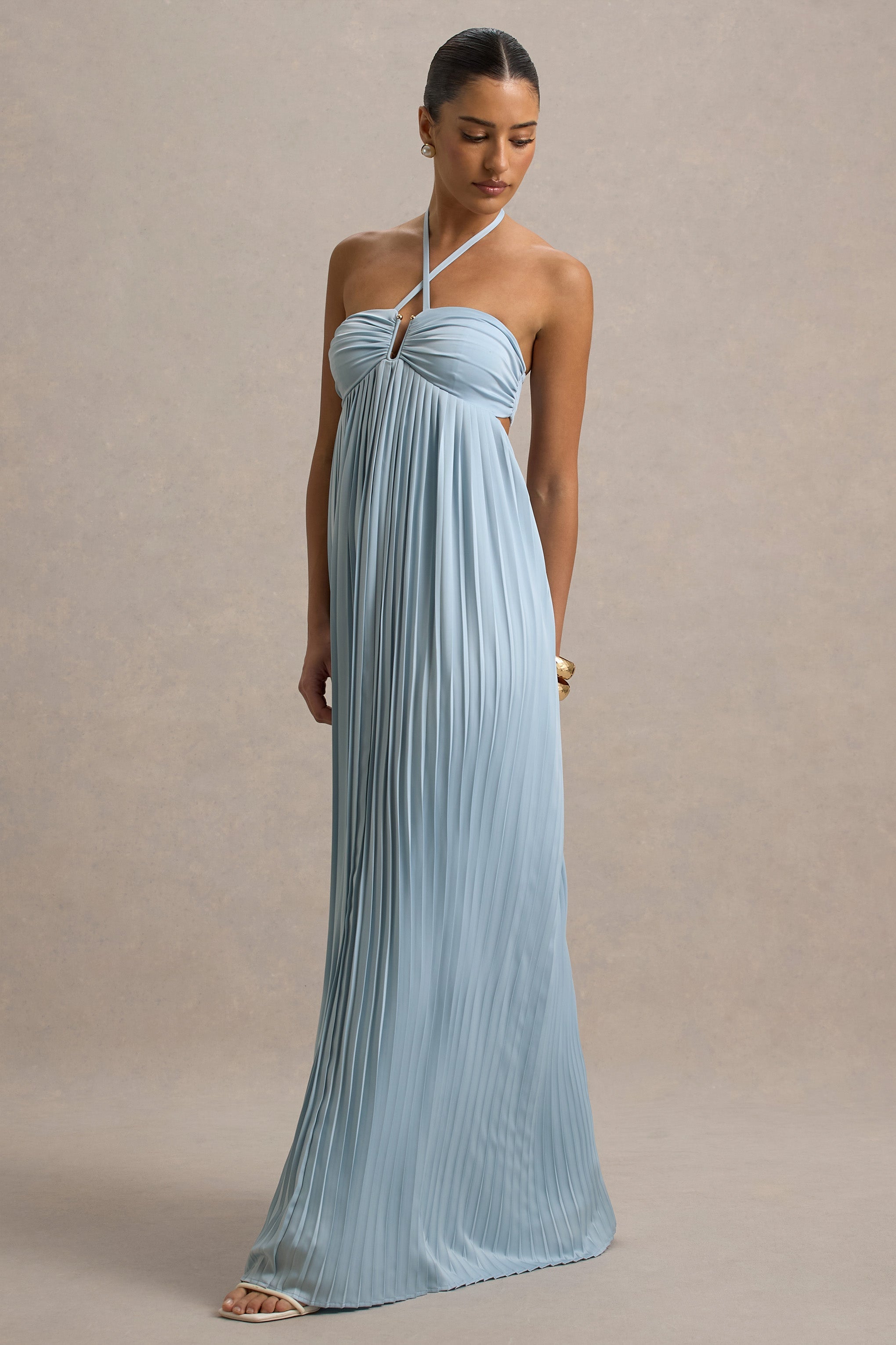 Elayne | Kesik Detaylı Pudra Mavi Halter Yaka Maxi Elbise