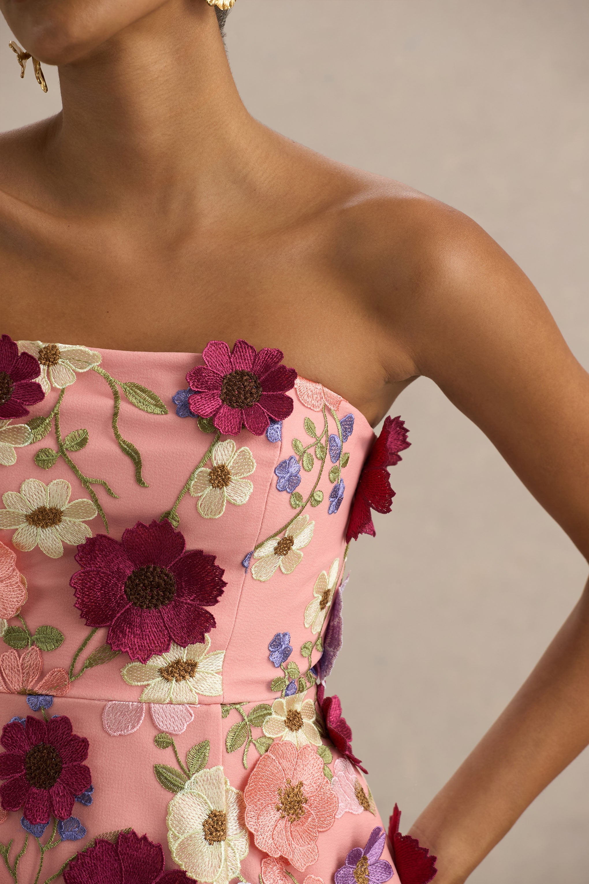 Kristen | Pembe Çiçek Desenli Bandeau Yaka Mini Elbise