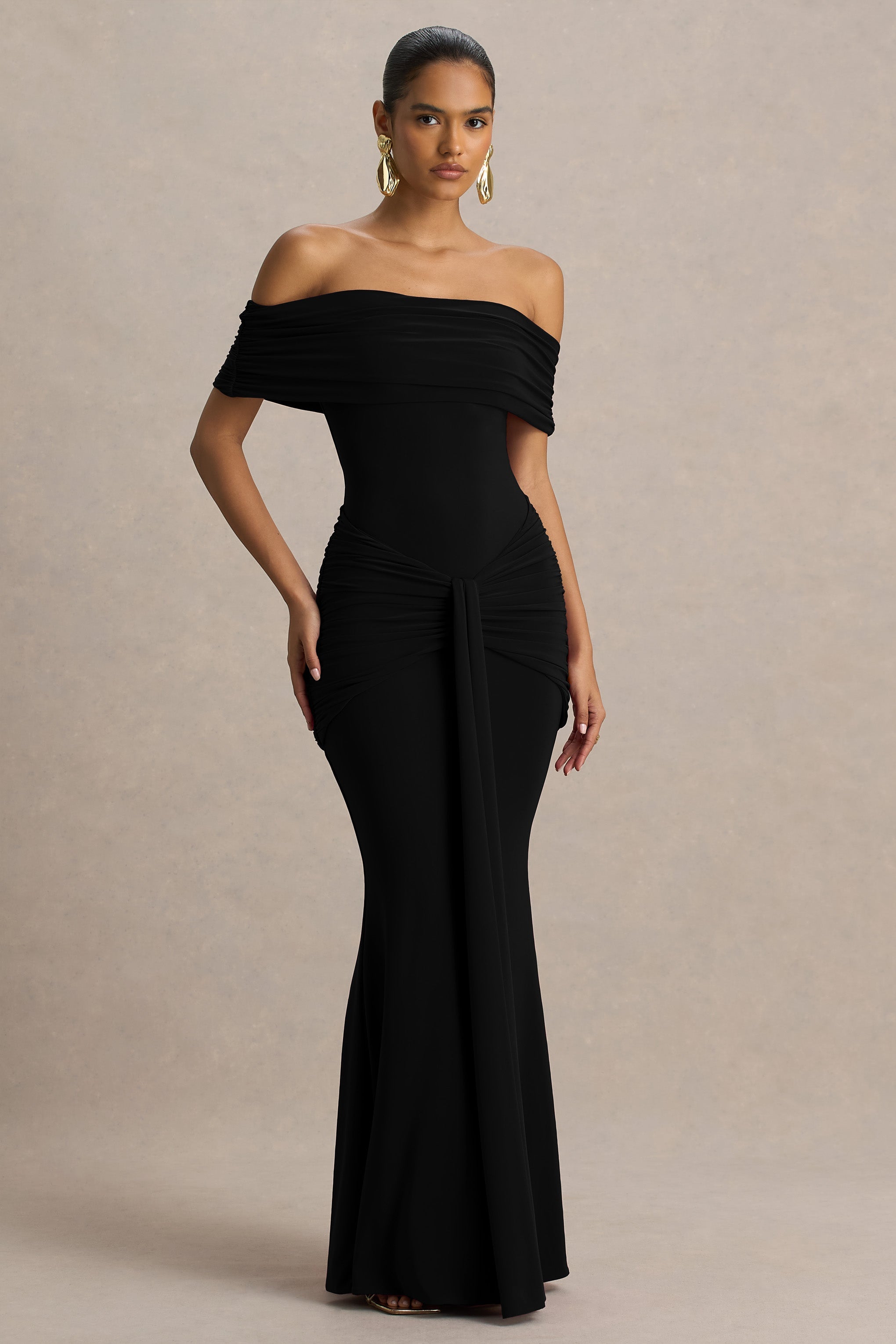 Hayal Edilen | K gathered ve Drape Detaylı Siyah Bardot Yaka Maxi Elbise