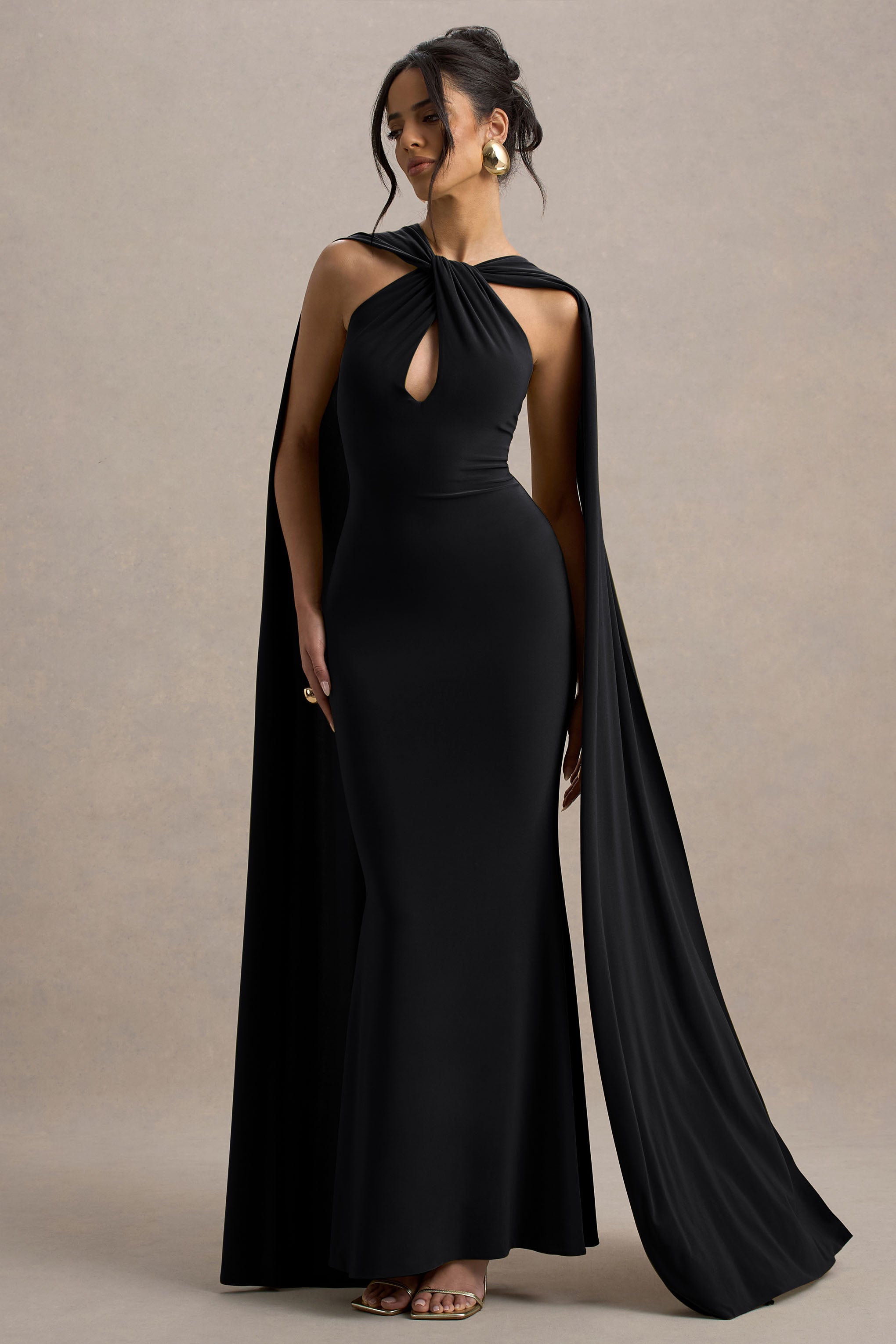 Rhoda | Siyah Dönme Halter Yaka Maxi Elbise