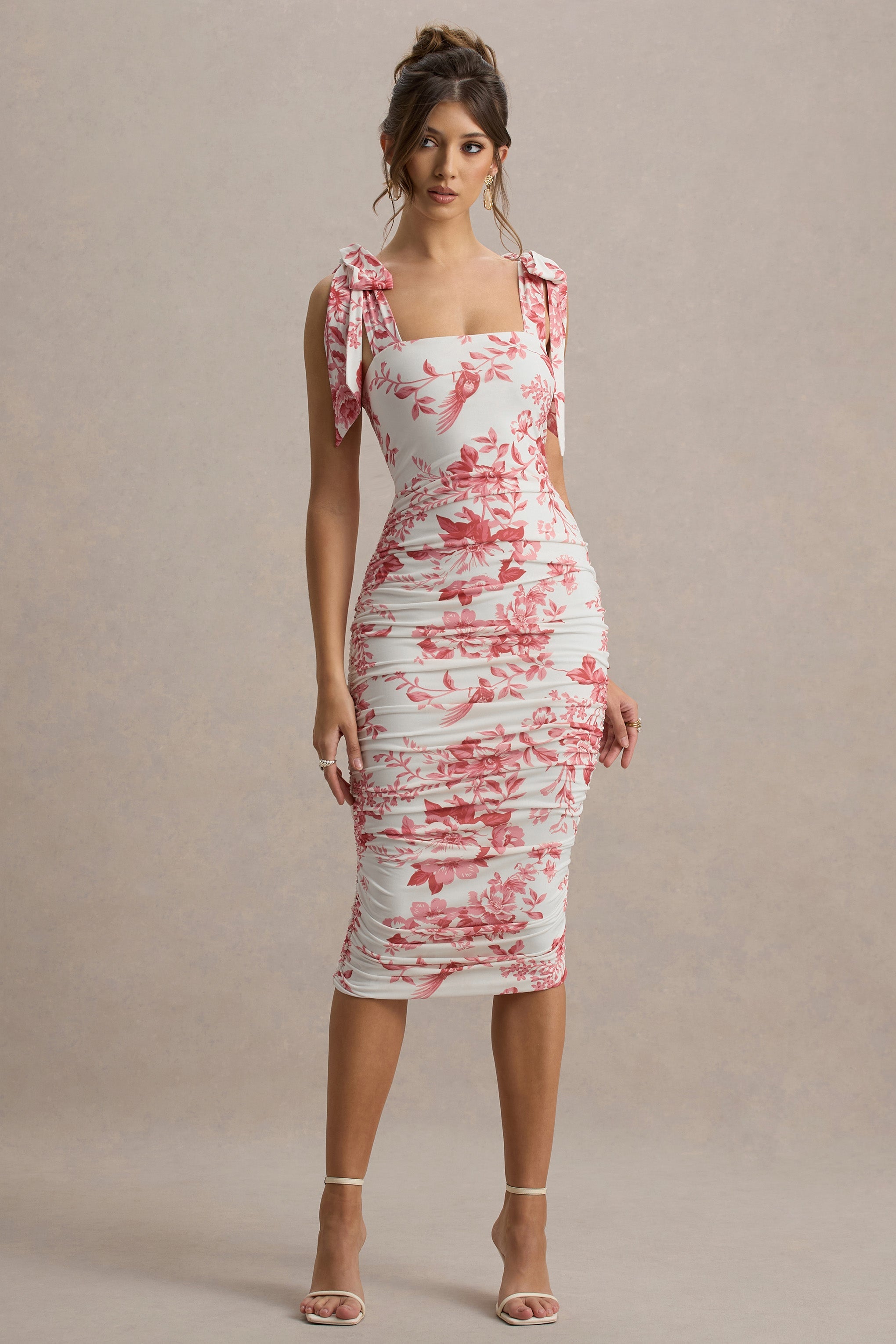 Cordelia | Pembe Porselen Desenli Bodycon Midi Elbise ile Fiyonk Askılar