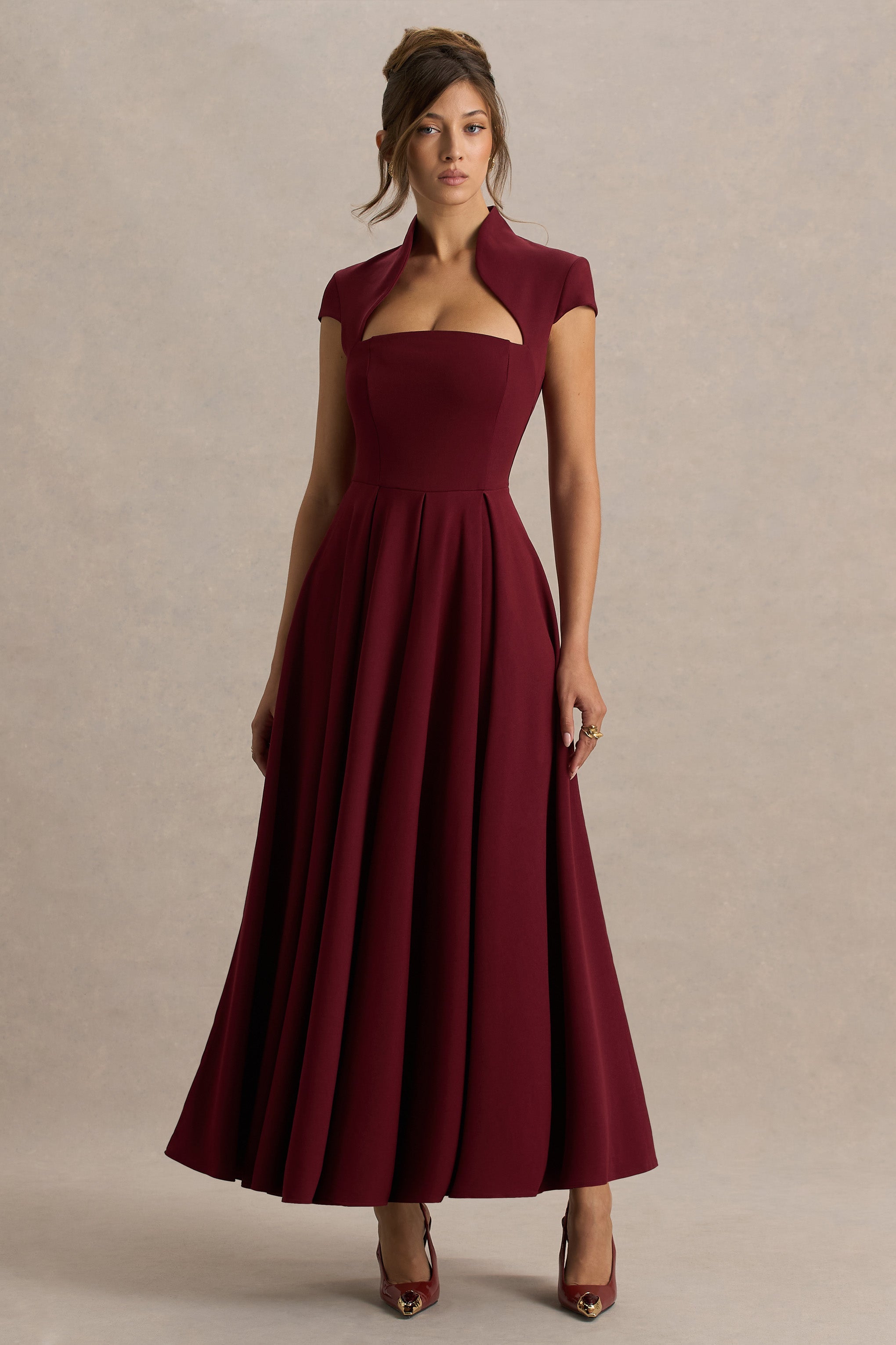 Scarlett | Bordo Asimetrik Yaka Maxi Elbise