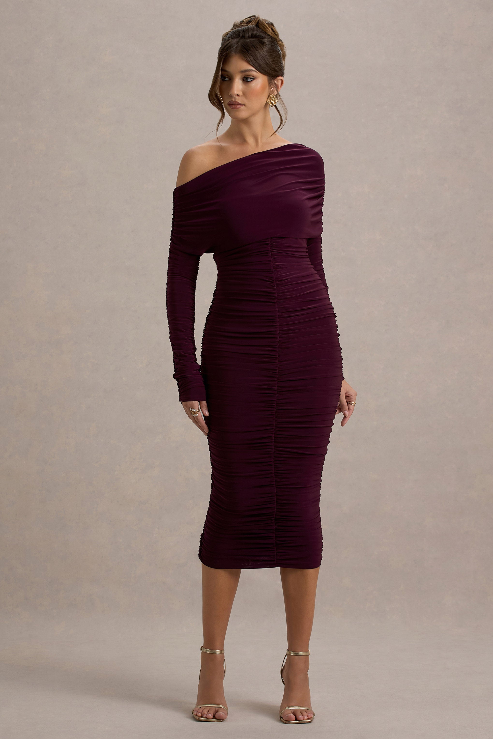 Sinclair | Erguvan Renkli Tek Omuzlu Bodycon Midi Elbise