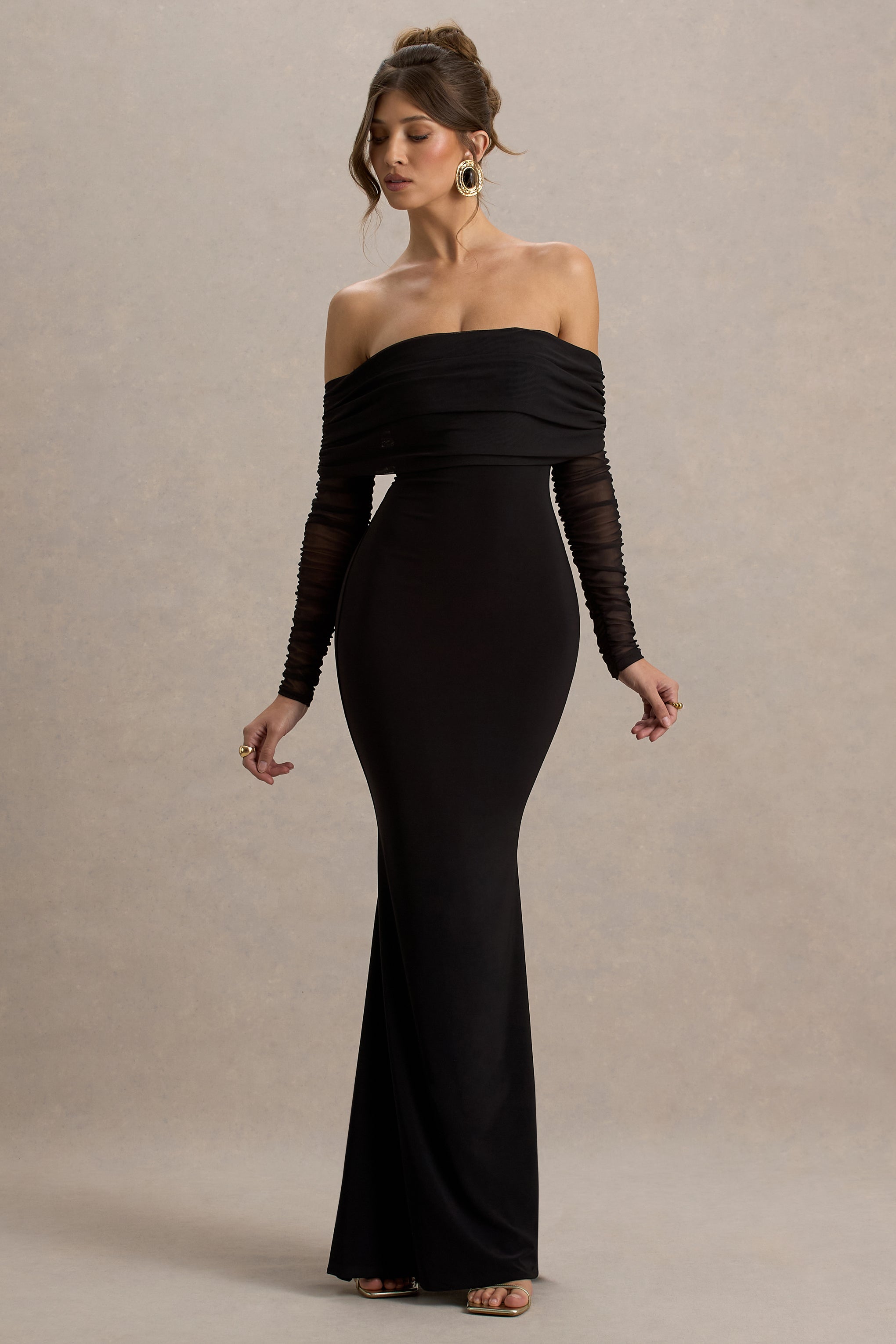 Madeleine | Siyah Fishtail Maxi Elbise Bardot File Uzun Kollar