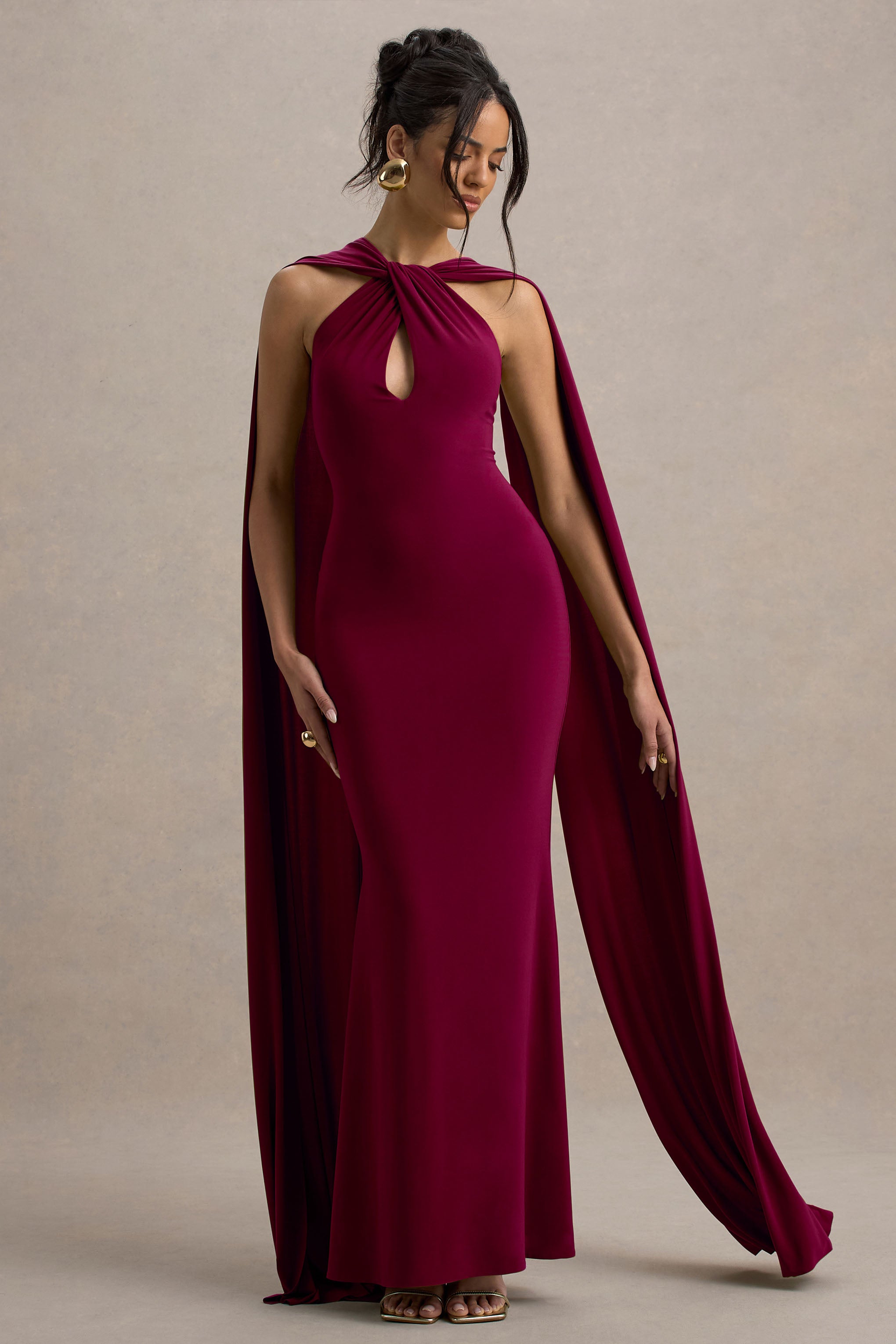 Rhoda | Burgonya Dönüş Halter Yaka Maxi Elbise