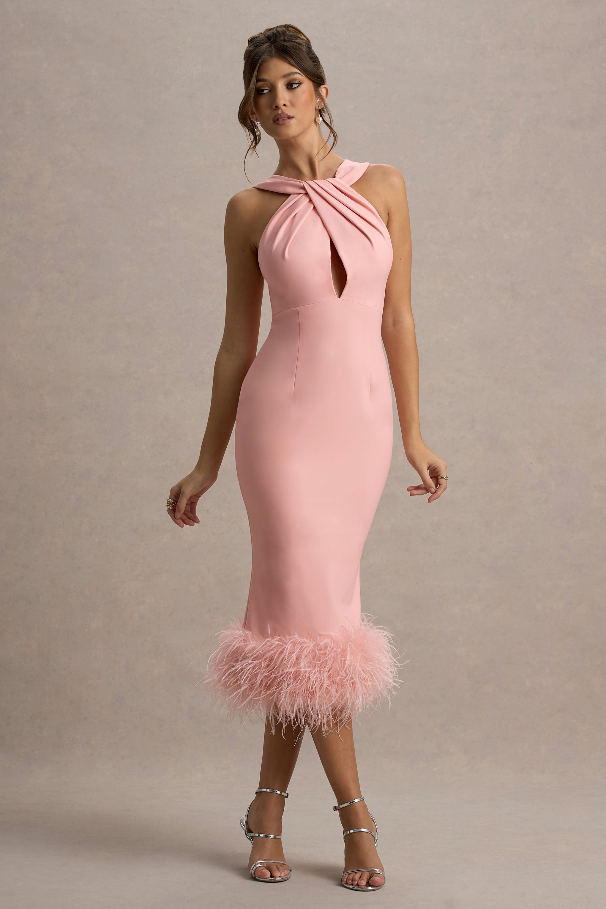Titania | Pembe Dönme Yaka Tüy Etek Midi Elbise